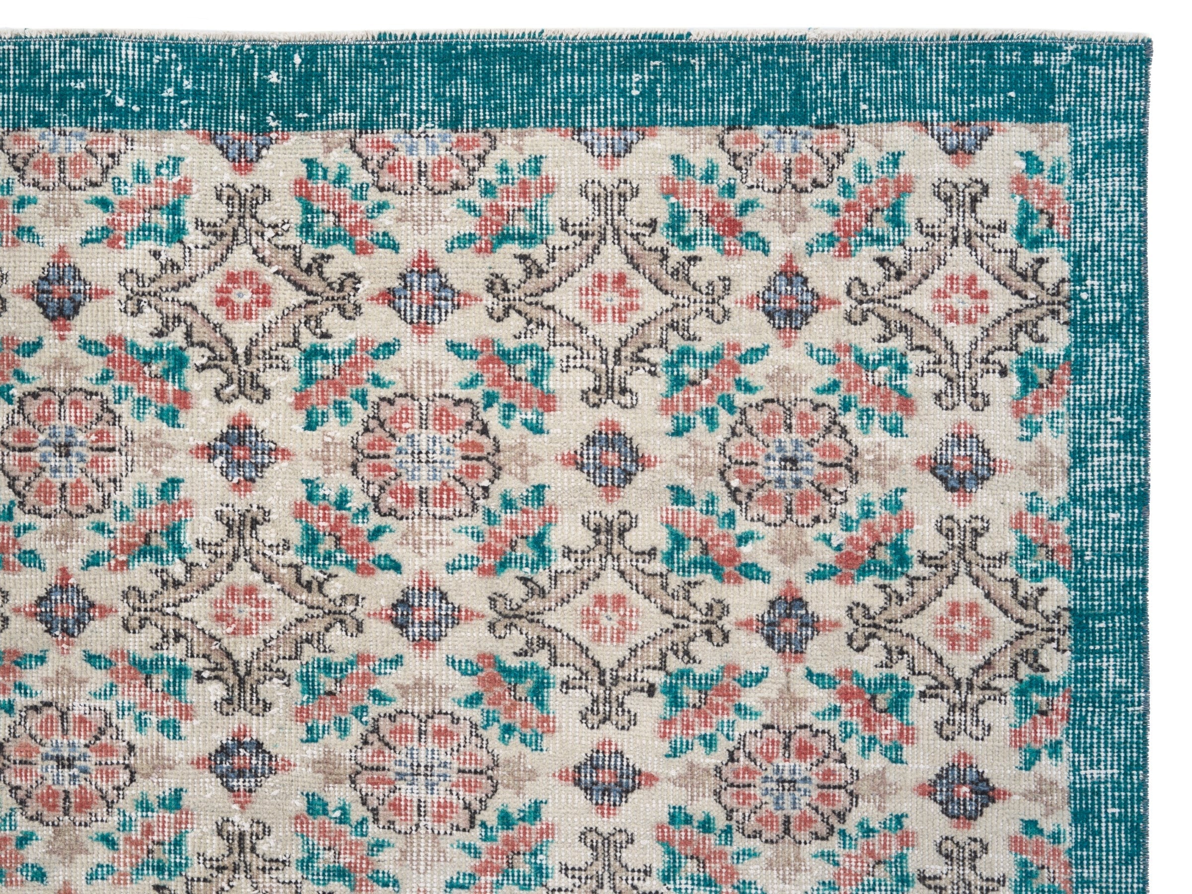 Turkish Isparta area rug in off-white and teal, view 8 of 10