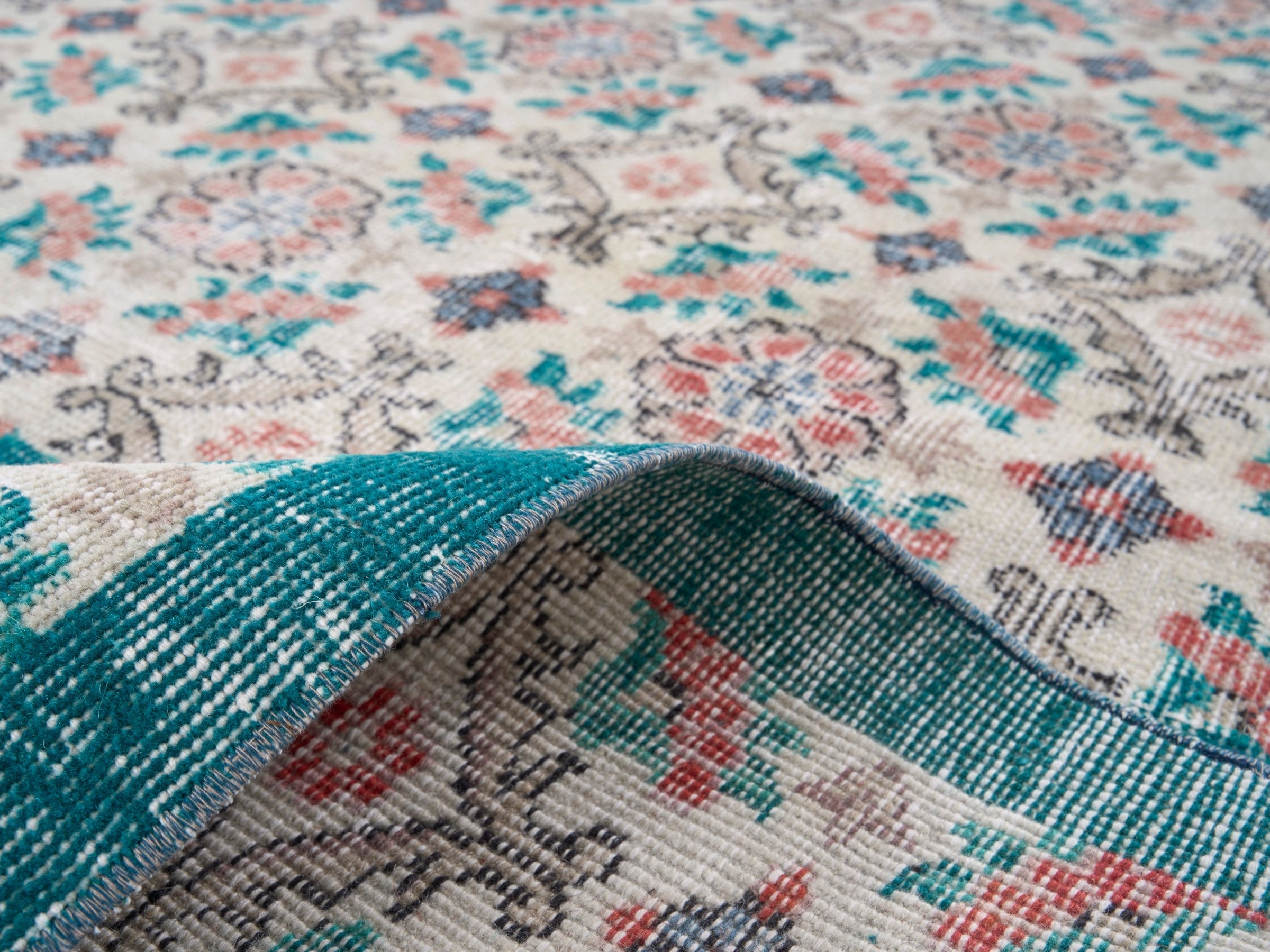 Turkish Isparta area rug in off-white and teal, view 9 of 10