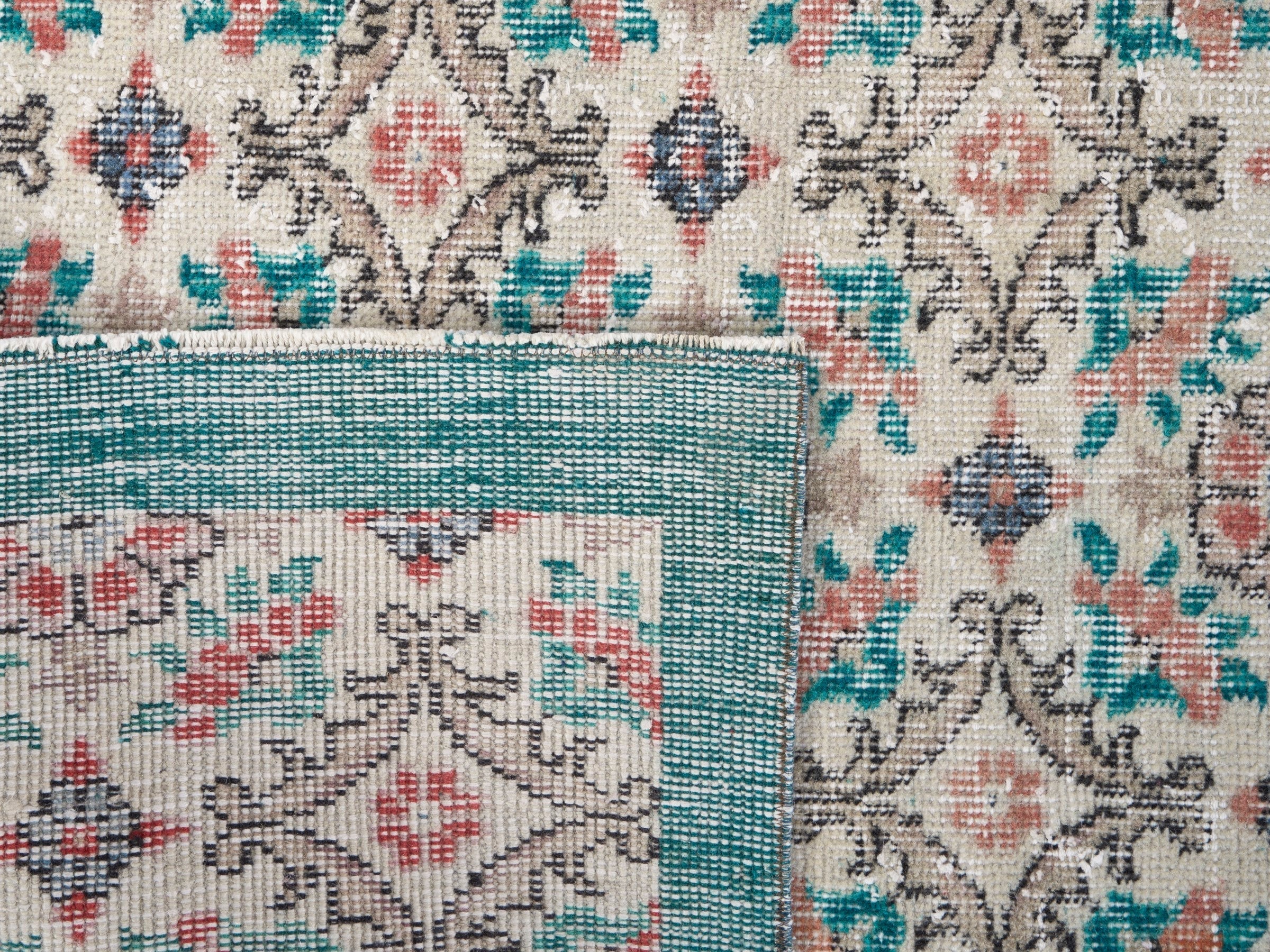 Turkish Isparta area rug in off-white and teal, view 10 of 10