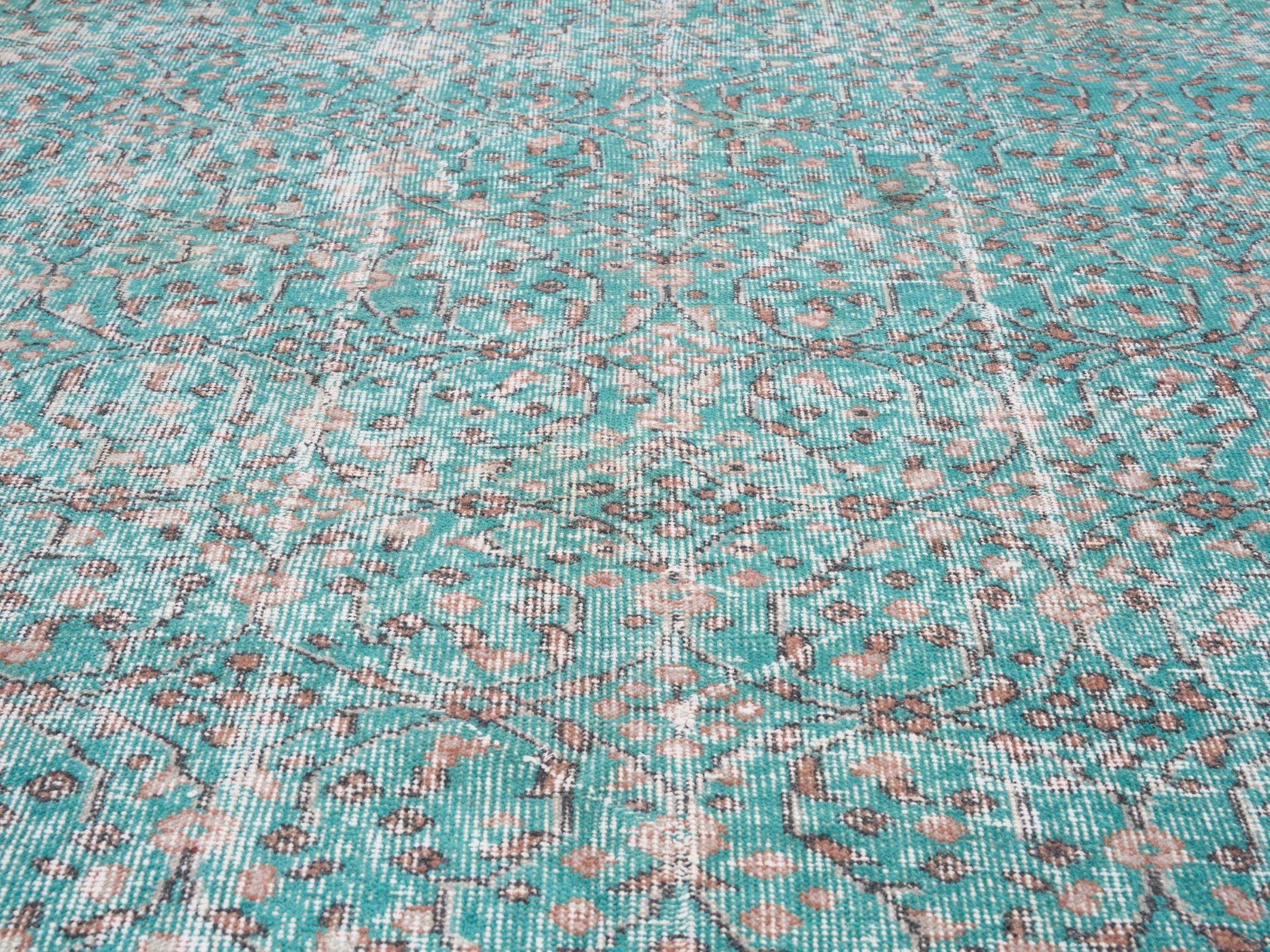 Turkish Isparta area rug in teal and greige, view 4 of 10