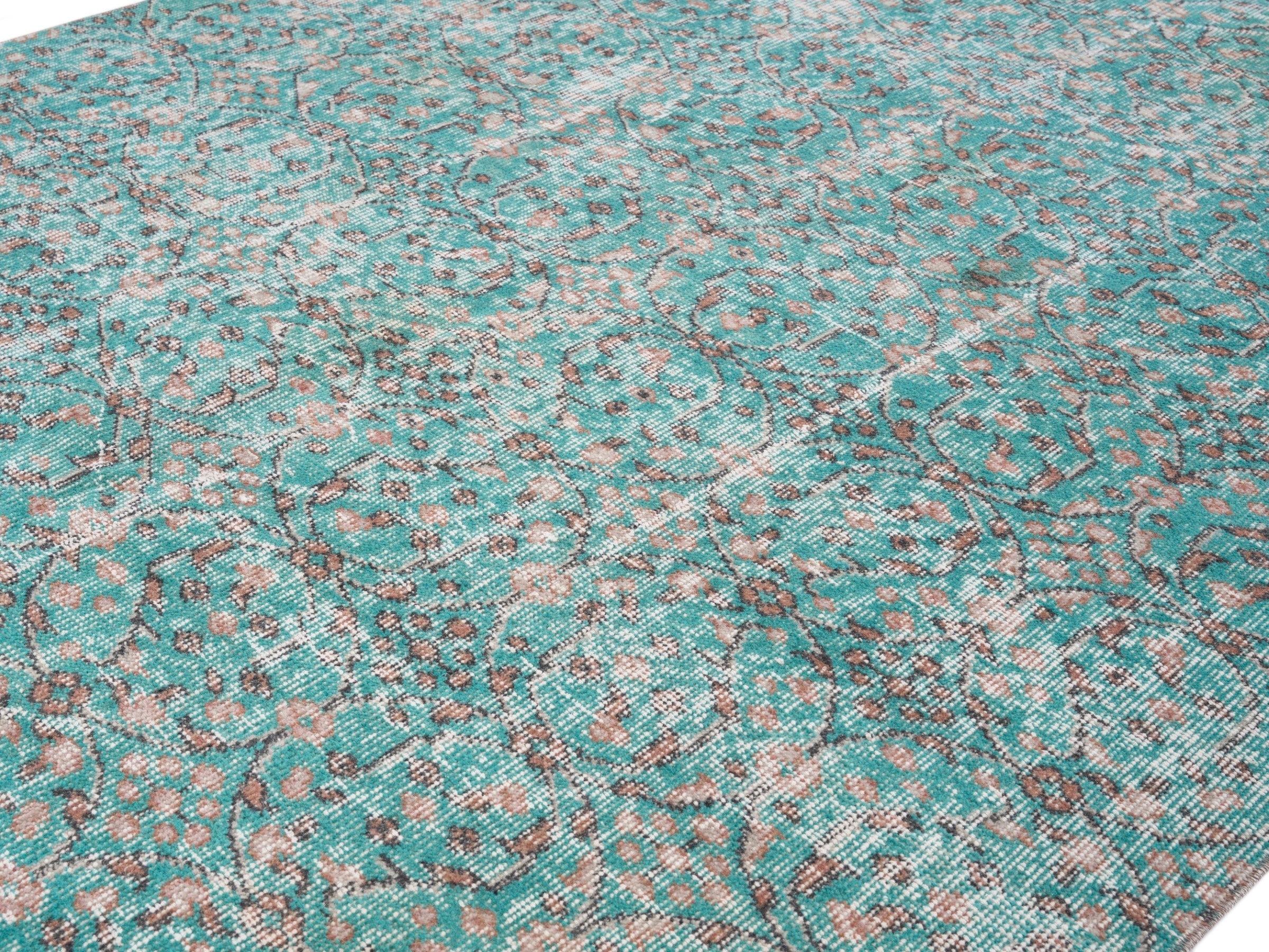 Turkish Isparta area rug in teal and greige, view 5 of 10