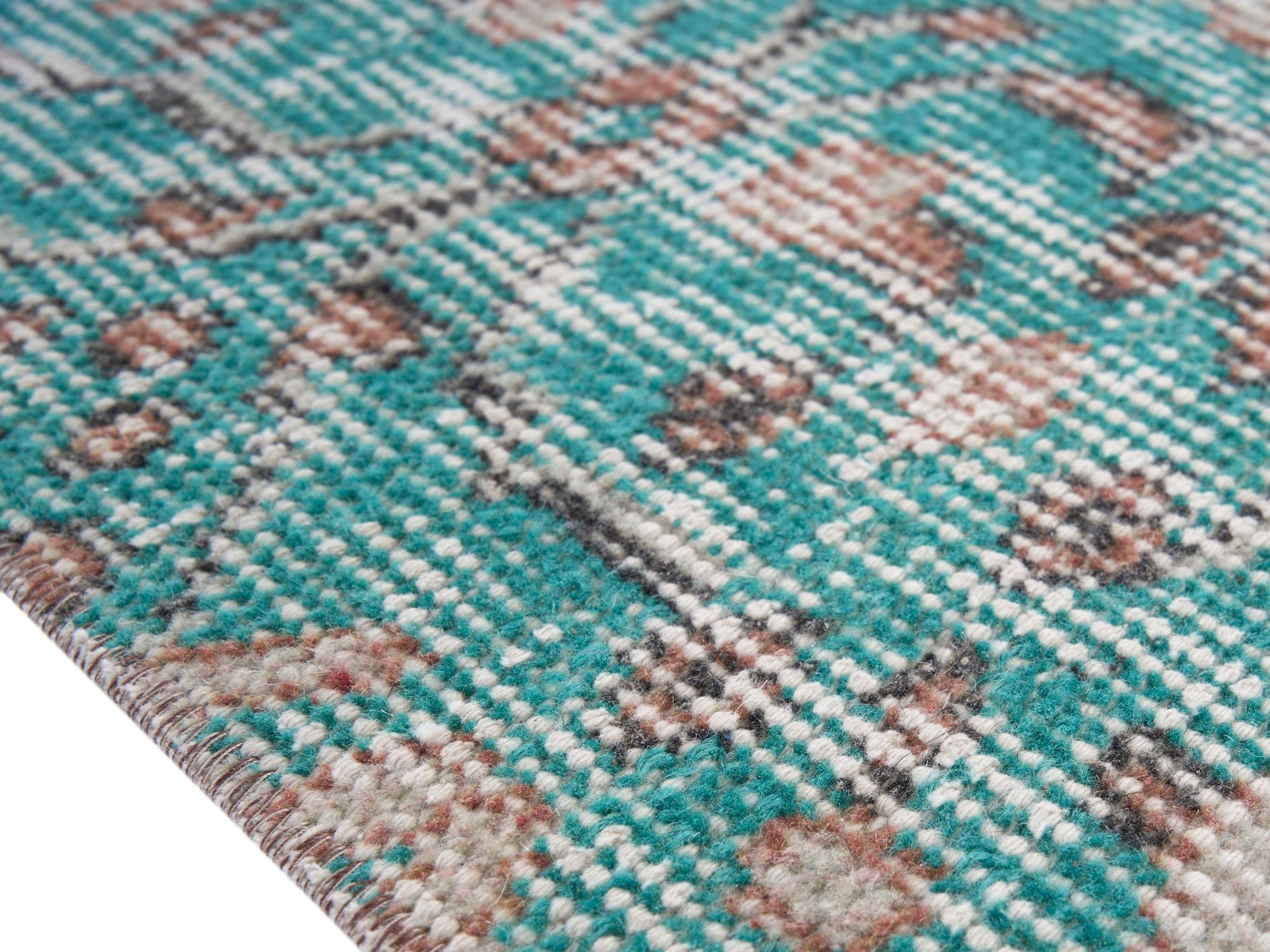 Turkish Isparta area rug in teal and greige, view 6 of 10