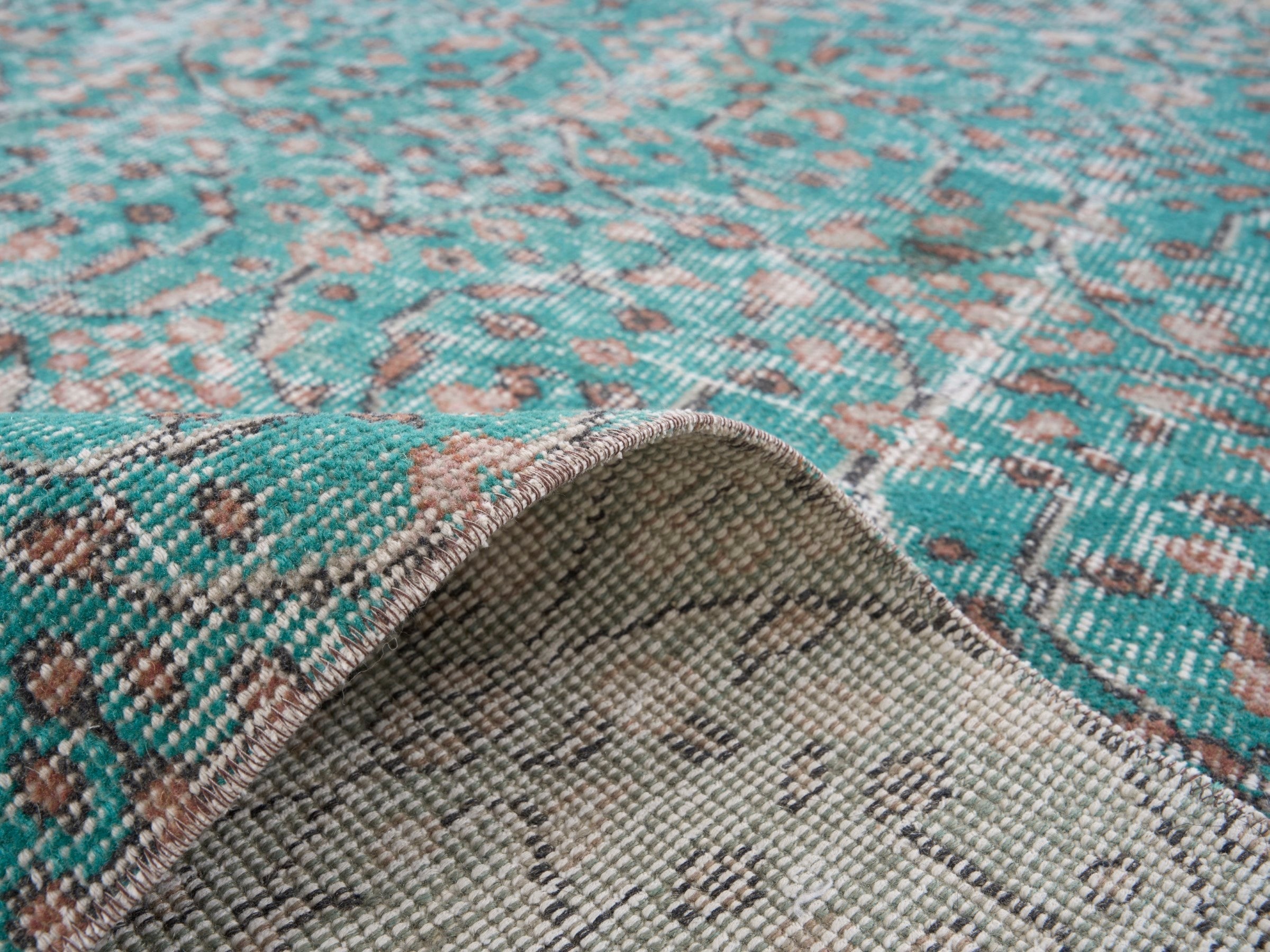 Turkish Isparta area rug in teal and greige, view 9 of 10
