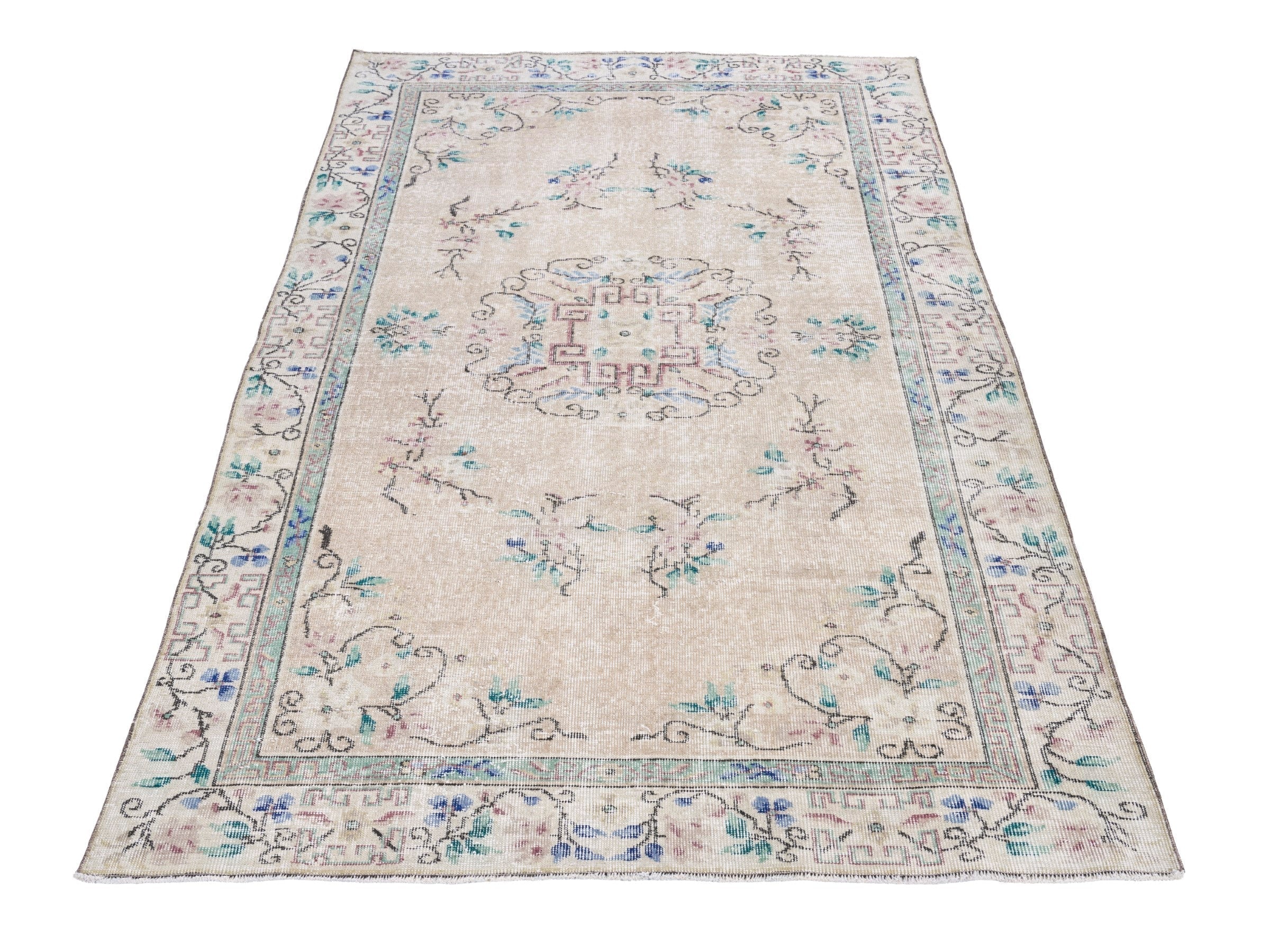 Turkish Isparta area rug in cream and dusty rose, view 2 of 10