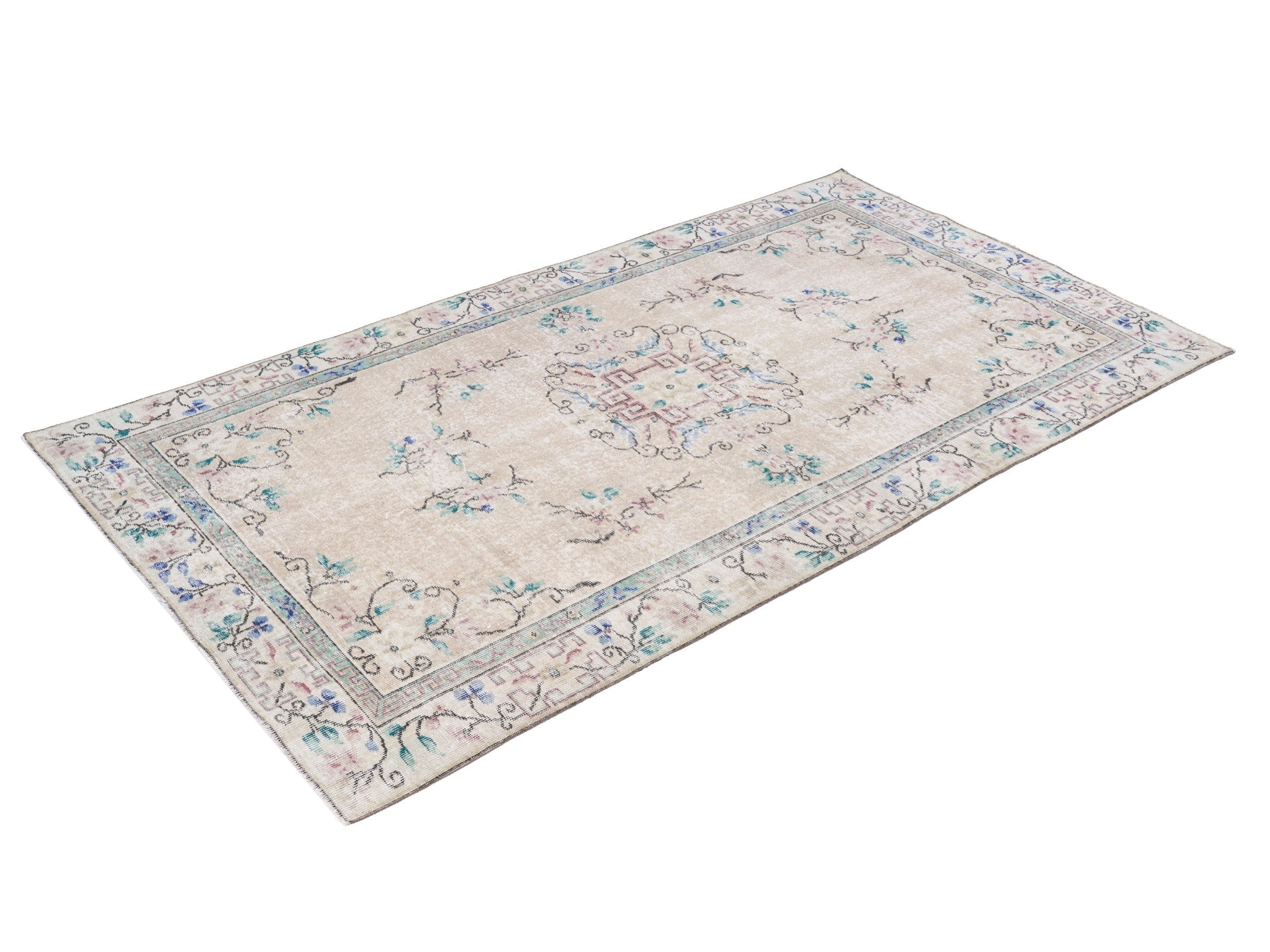 Turkish Isparta area rug in cream and dusty rose, view 3 of 10