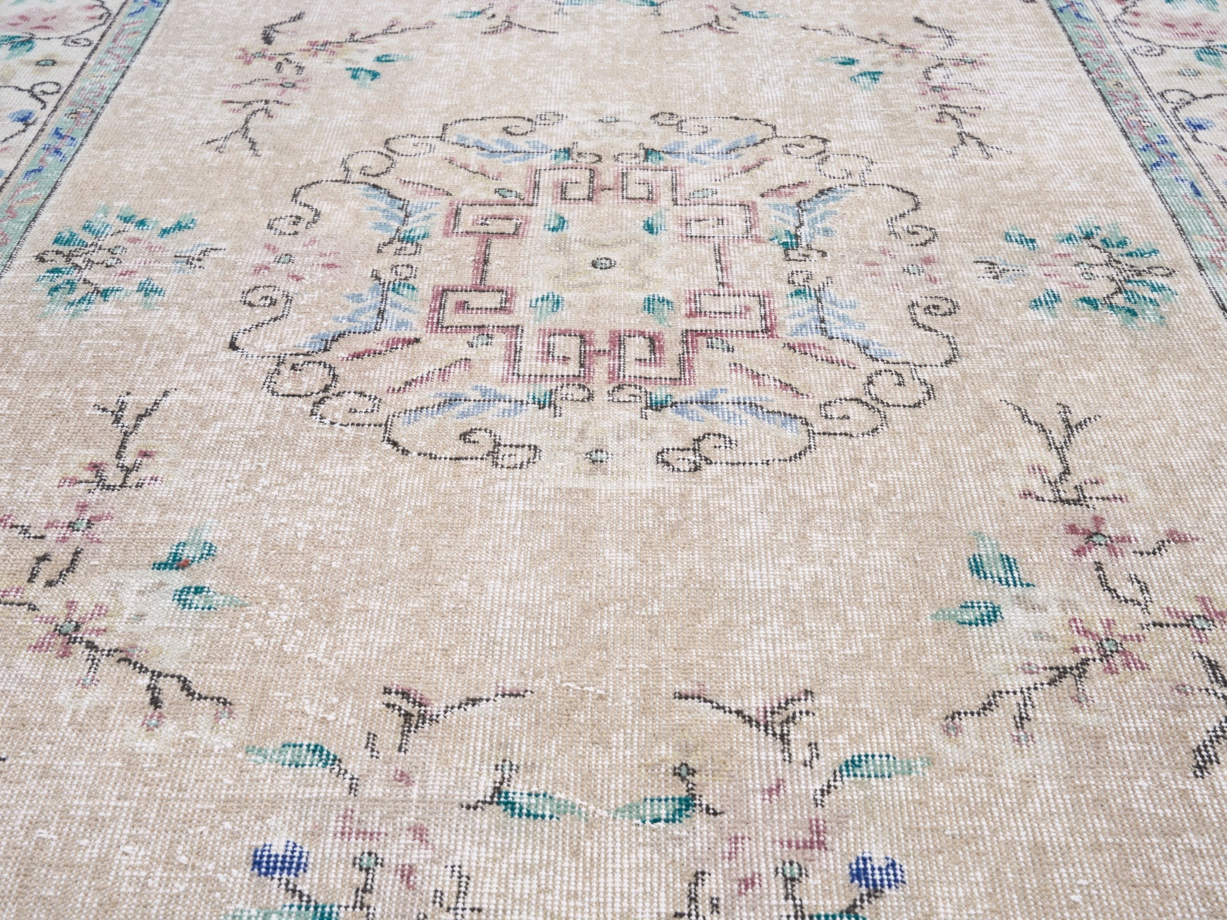 Turkish Isparta area rug in cream and dusty rose, view 4 of 10
