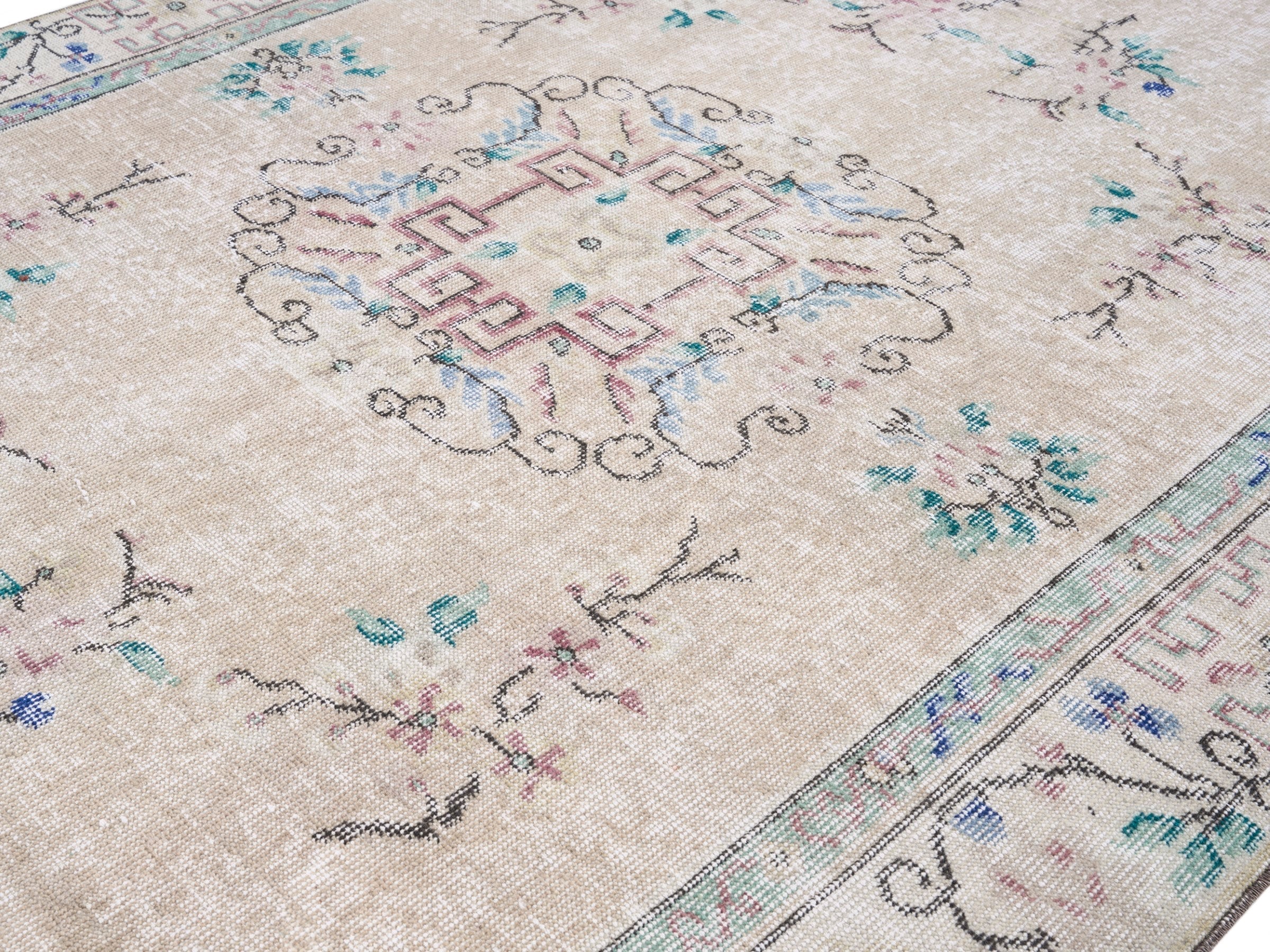 Turkish Isparta area rug in cream and dusty rose, view 5 of 10