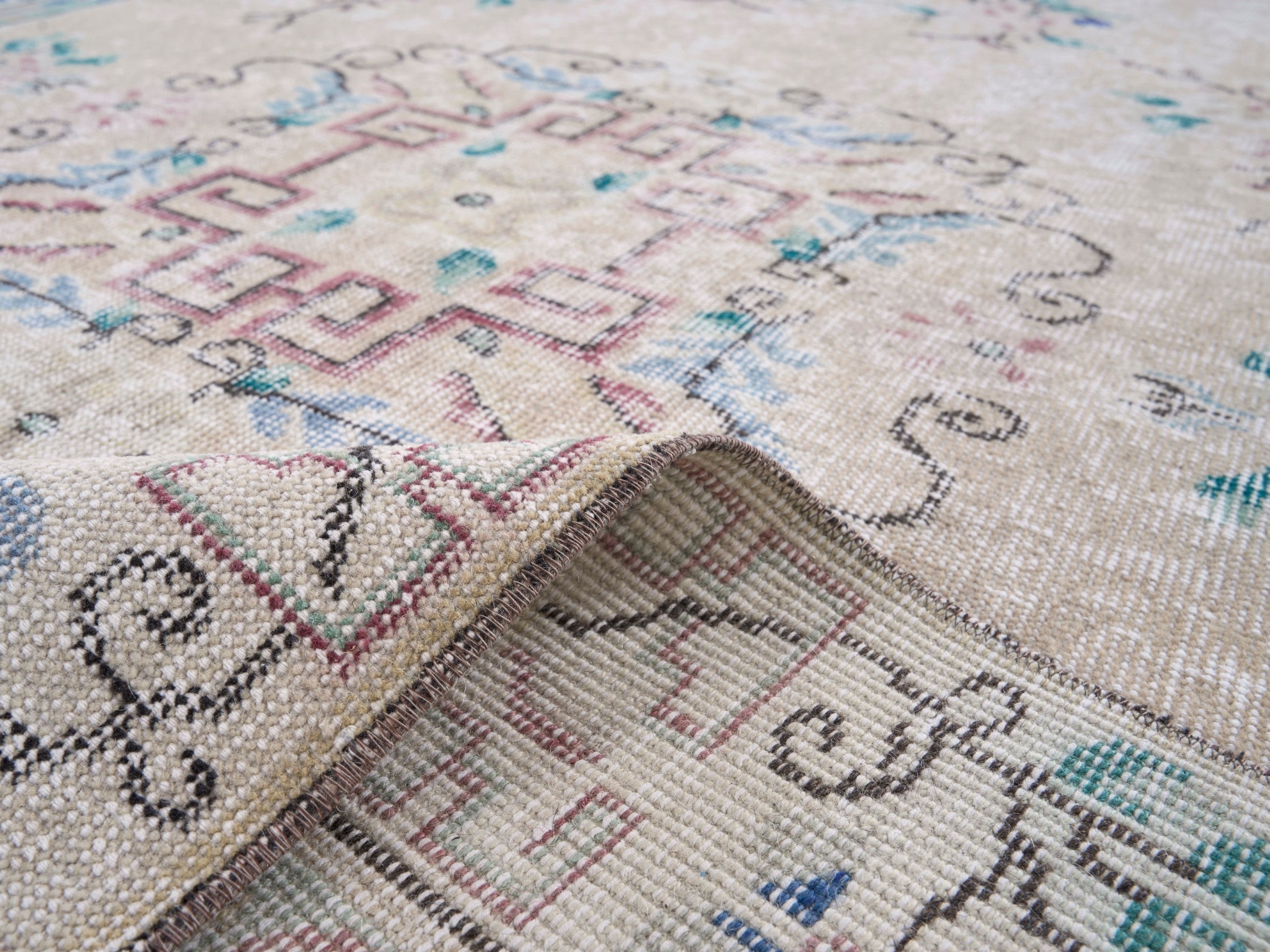 Turkish Isparta area rug in cream and dusty rose, view 9 of 10