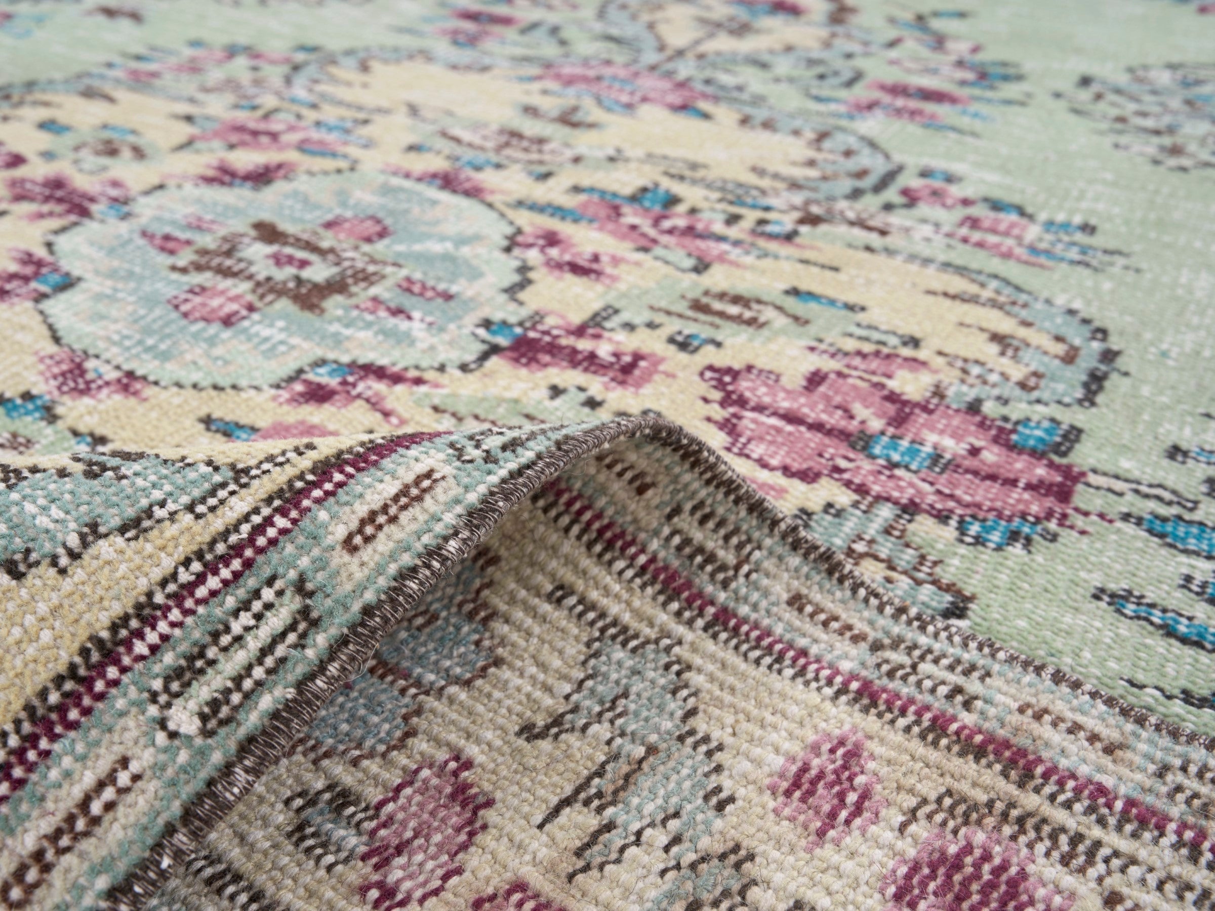 Turkish Manisa area rug in cream and muted pink, view 9 of 10