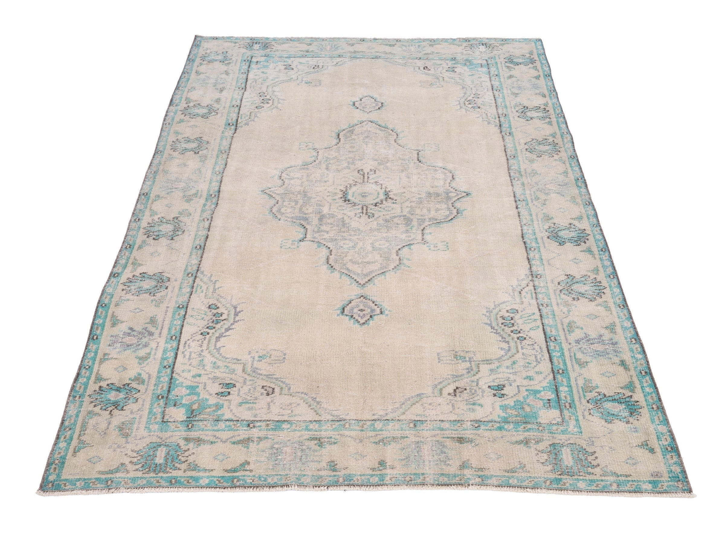 Turkish Manisa area rug in cream and teal, view 2 of 10