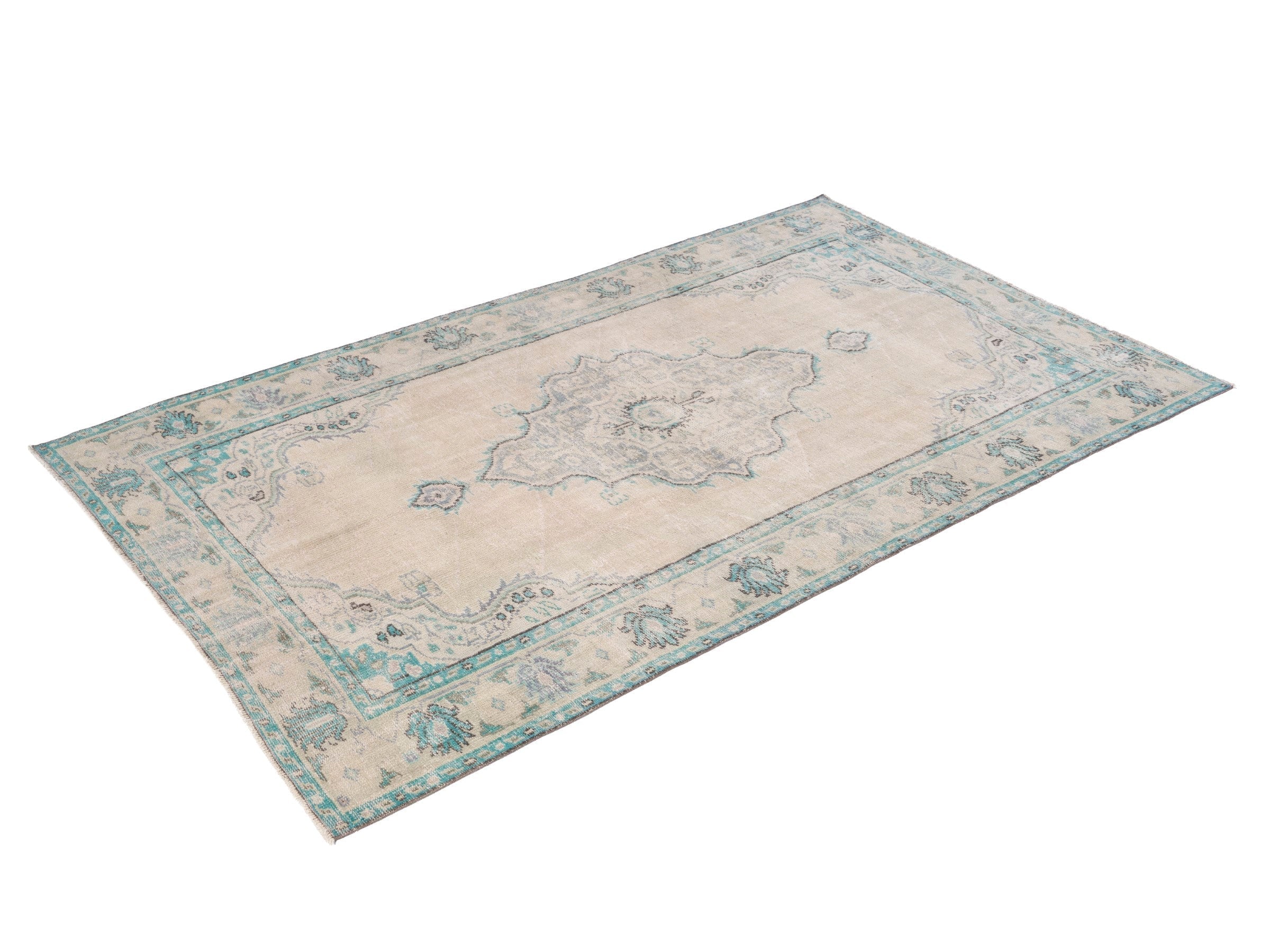 Turkish Manisa area rug in cream and teal, view 3 of 10