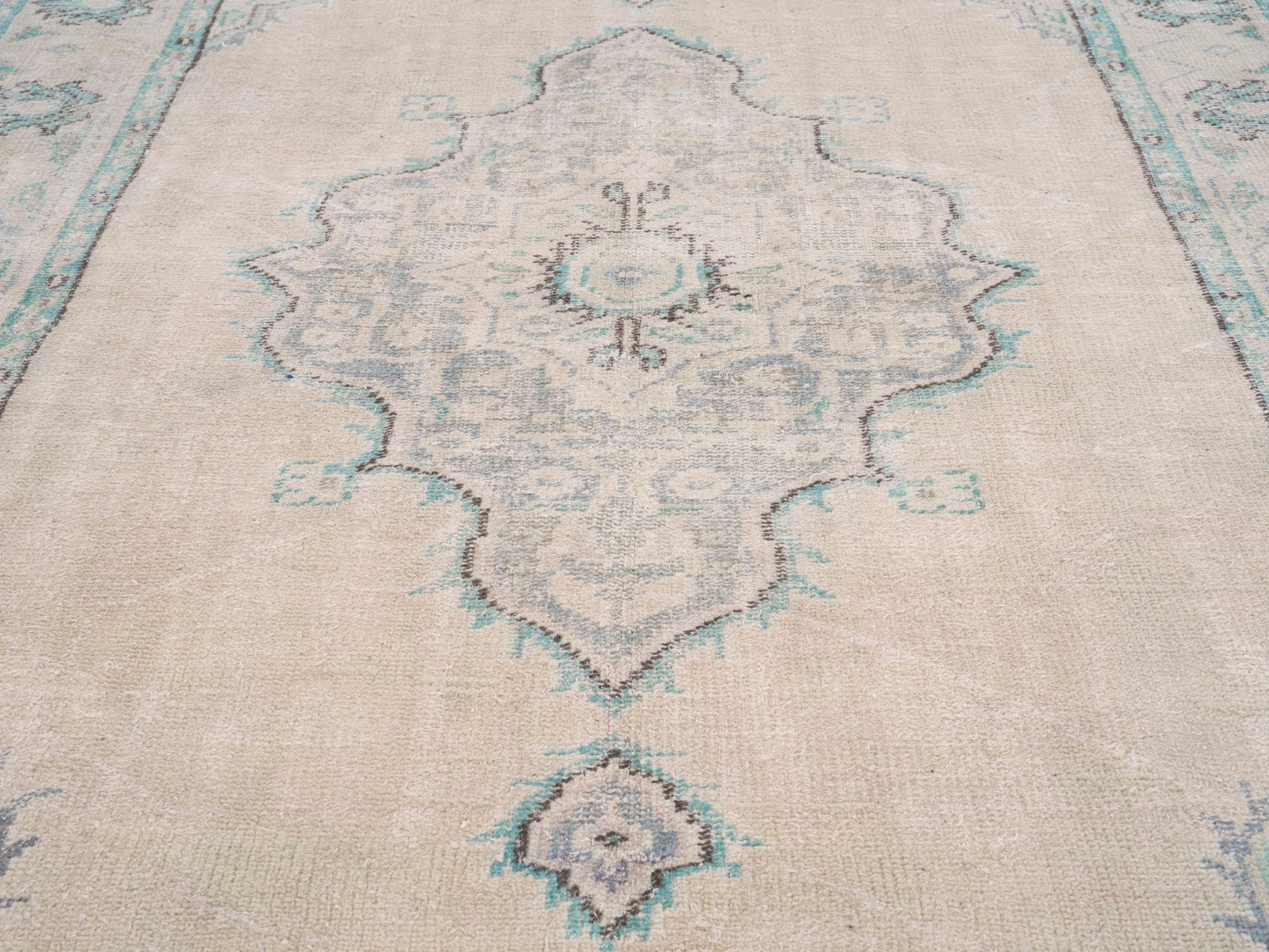 Turkish Manisa area rug in cream and teal, view 4 of 10