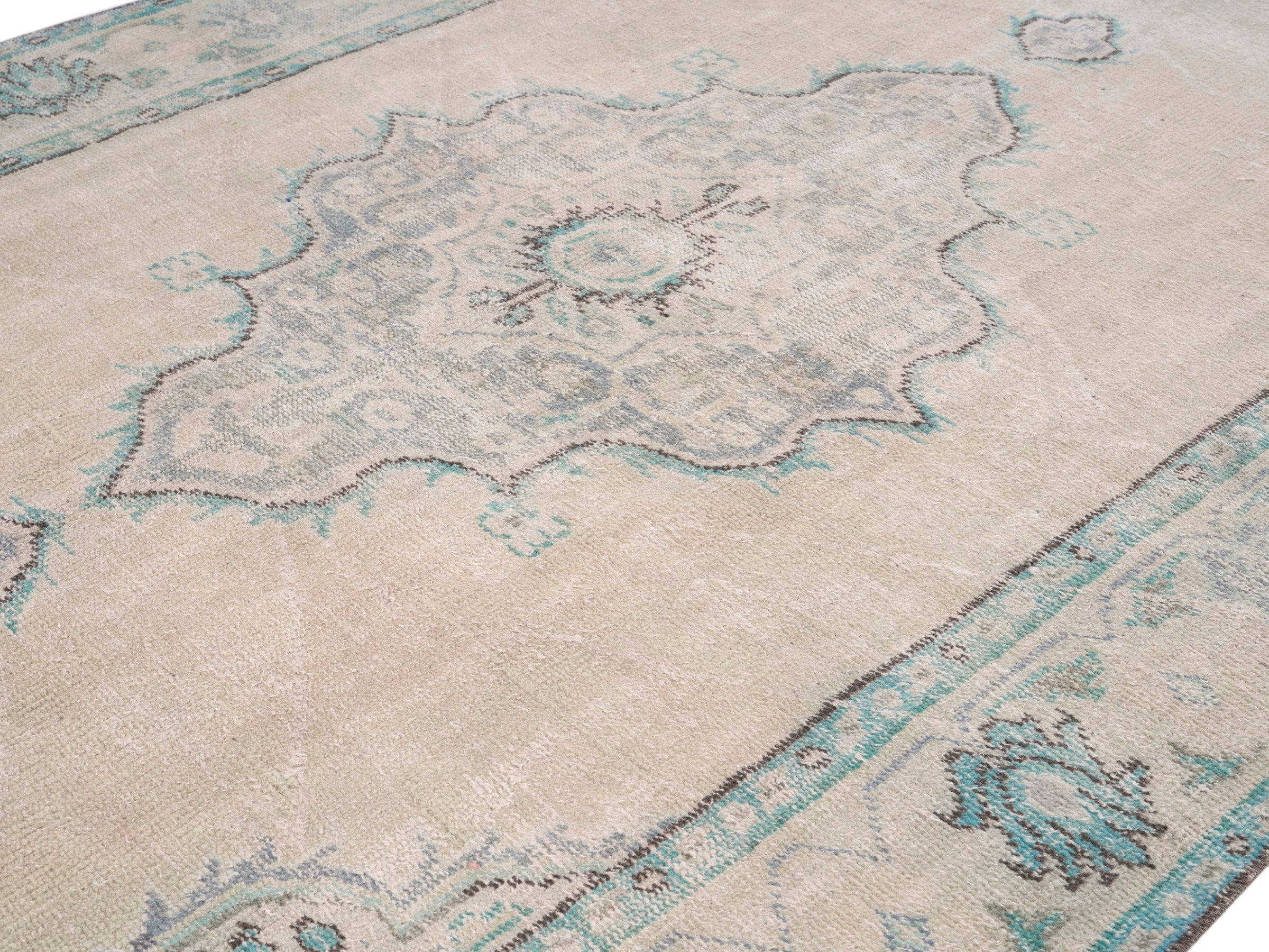 Turkish Manisa area rug in cream and teal, view 5 of 10