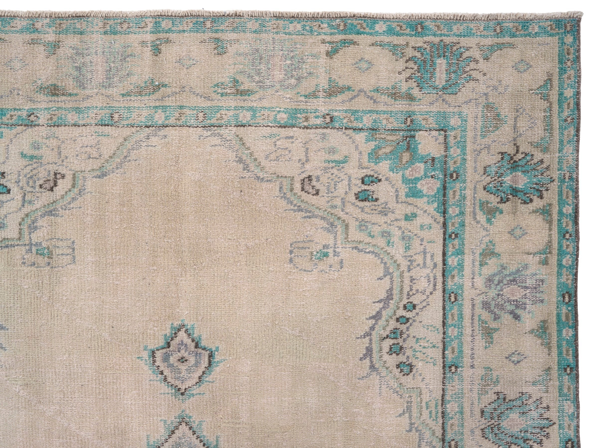 Turkish Manisa area rug in cream and teal, view 8 of 10