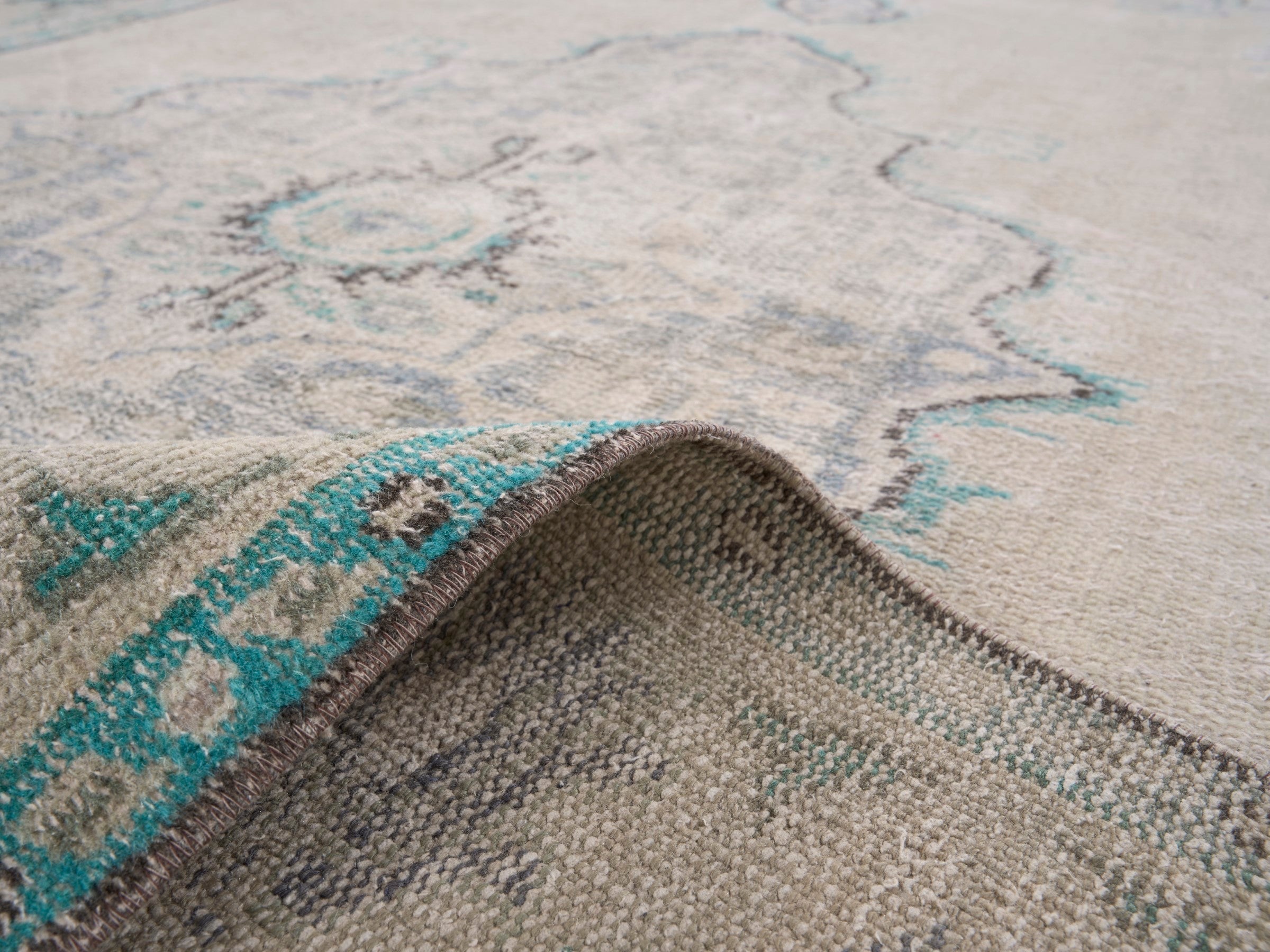 Turkish Manisa area rug in cream and teal, view 9 of 10