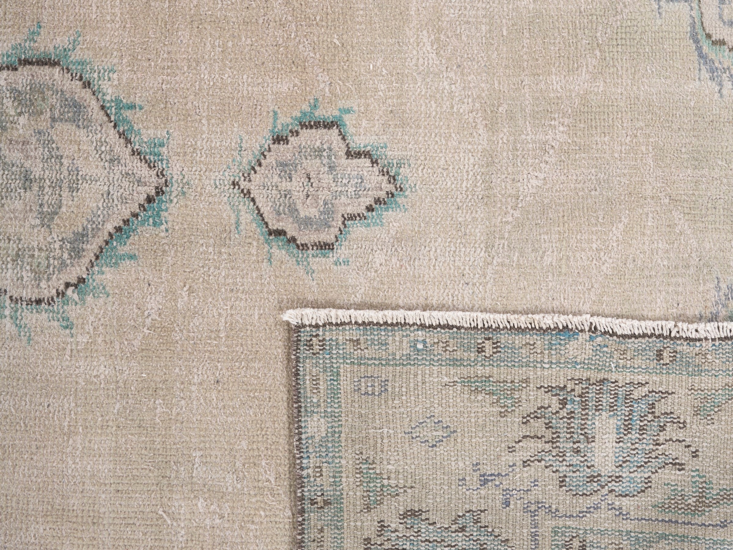 Turkish Manisa area rug in cream and teal, view 10 of 10
