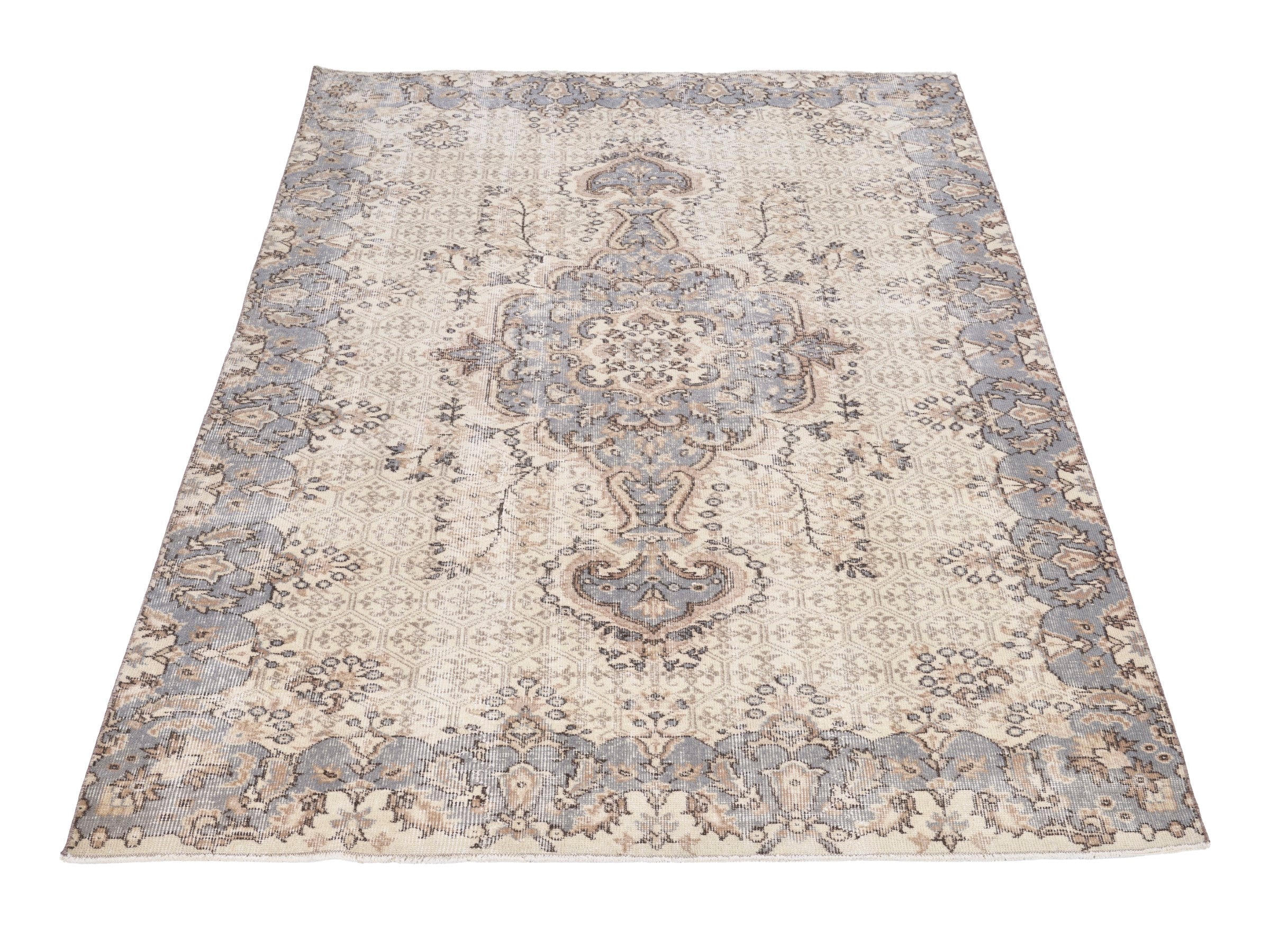 Turkish Isparta area rug in cream and dusty blue, view 2 of 10