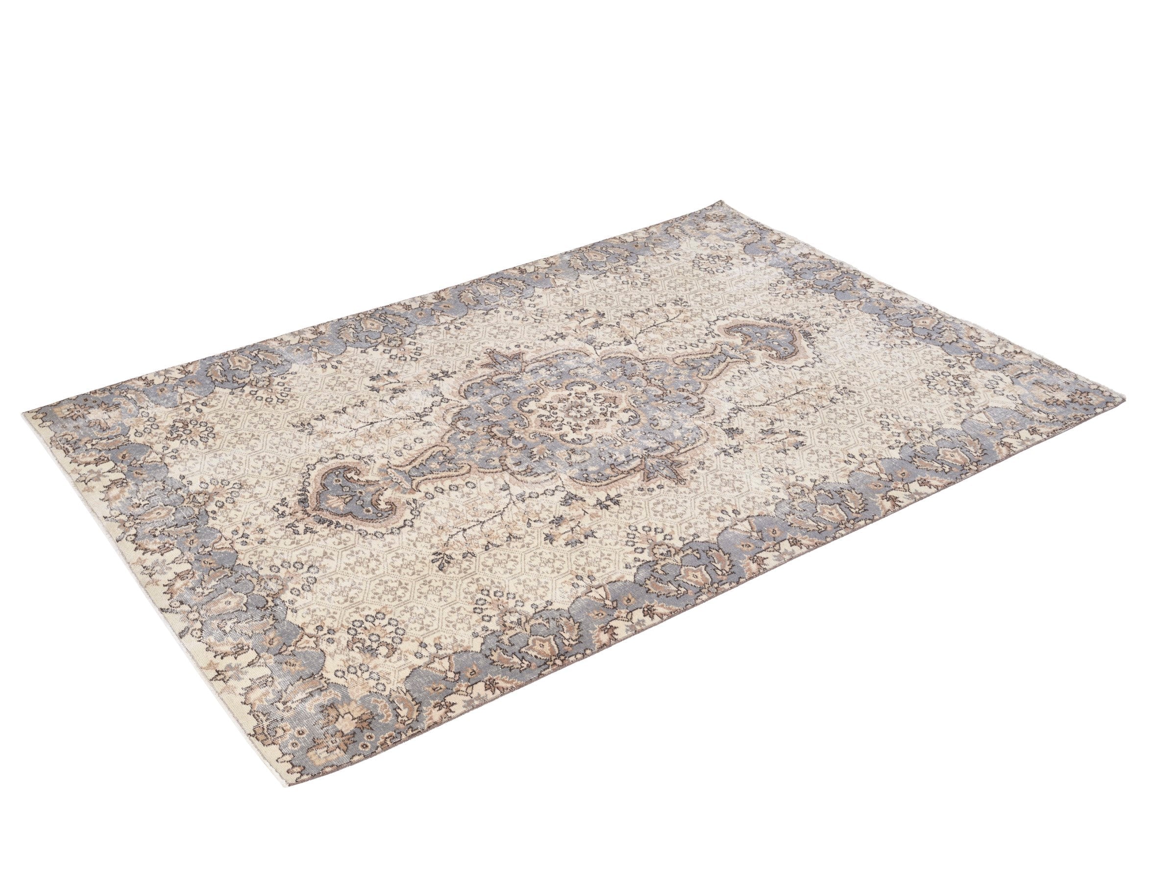 Turkish Isparta area rug in cream and dusty blue, view 3 of 10
