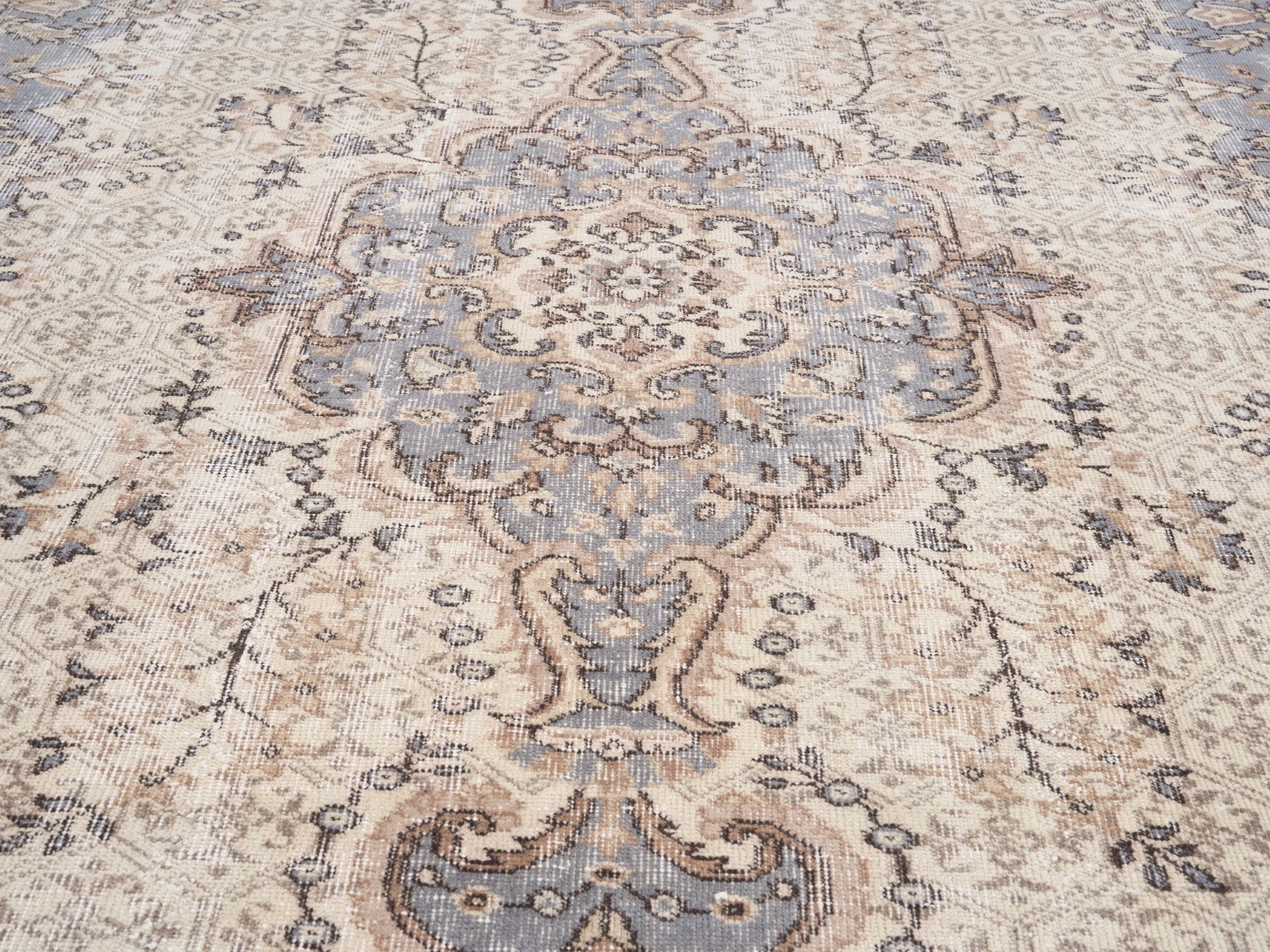 Turkish Isparta area rug in cream and dusty blue, view 4 of 10