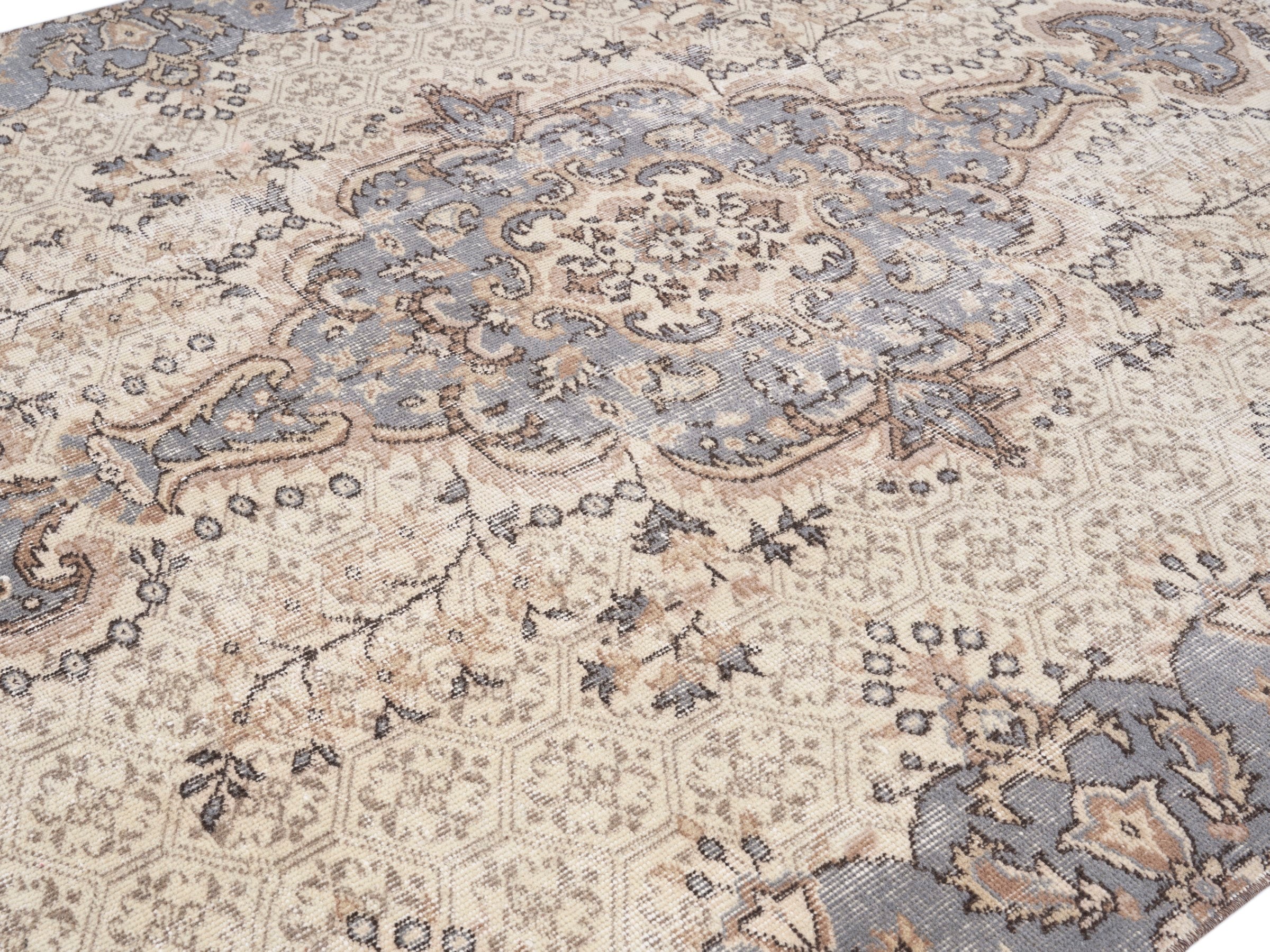 Turkish Isparta area rug in cream and dusty blue, view 5 of 10