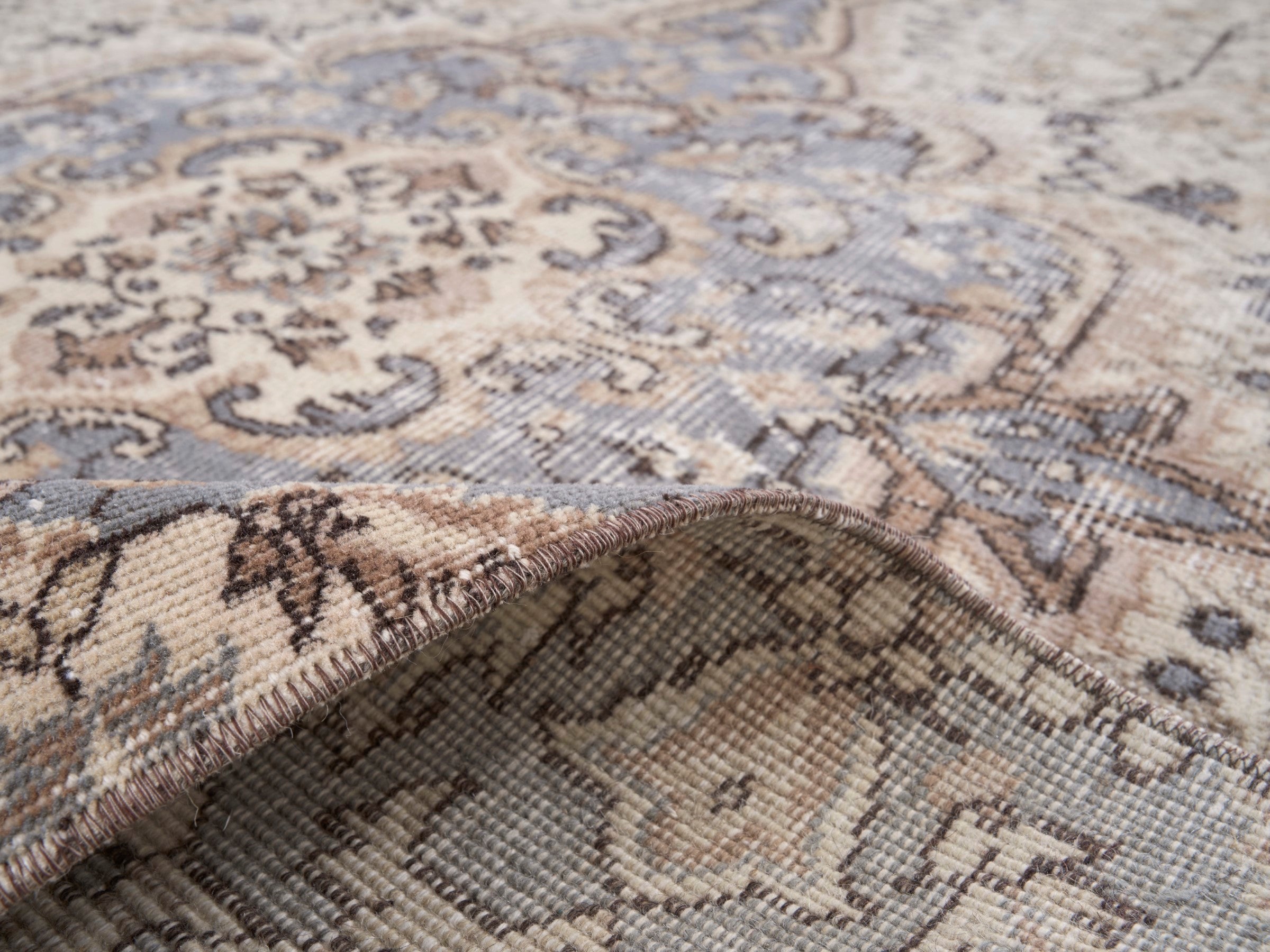Turkish Isparta area rug in cream and dusty blue, view 9 of 10