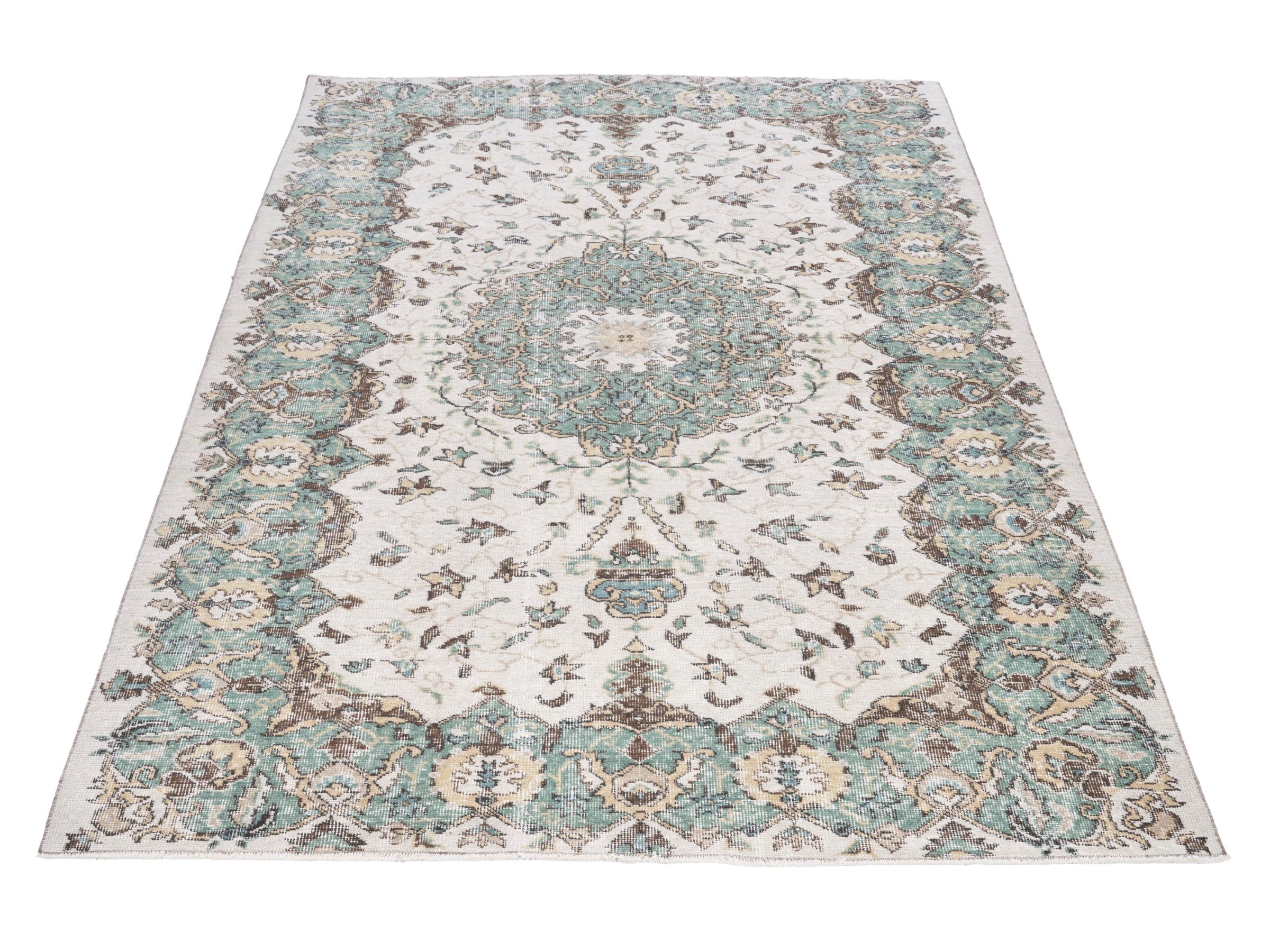 Turkish Isparta area rug in turquoise and cream, view 2 of 10