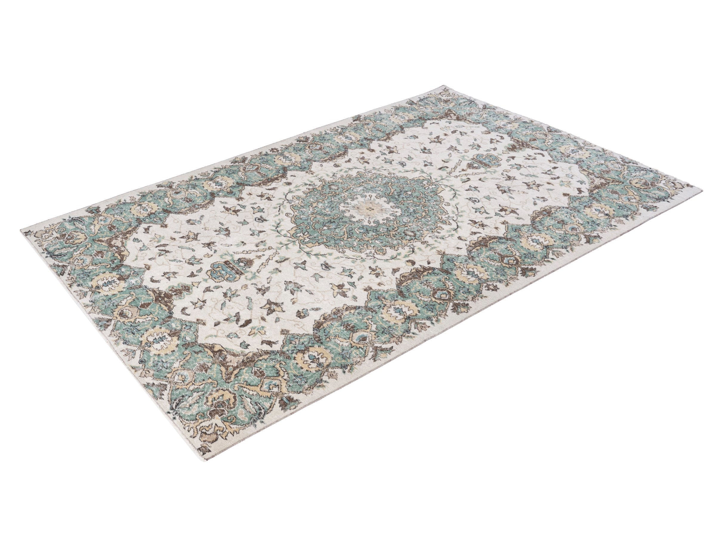 Turkish Isparta area rug in turquoise and cream, view 3 of 10