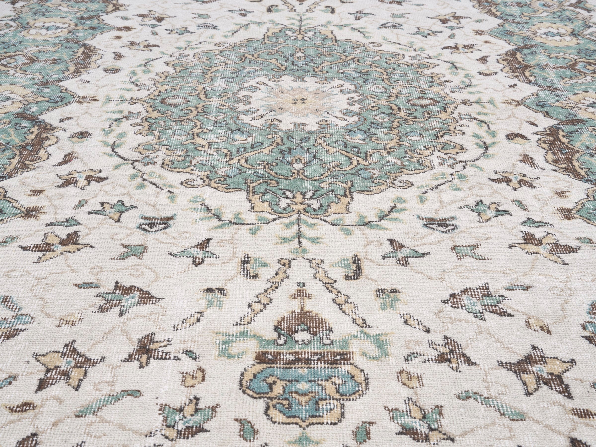 Turkish Isparta area rug in turquoise and cream, view 4 of 10