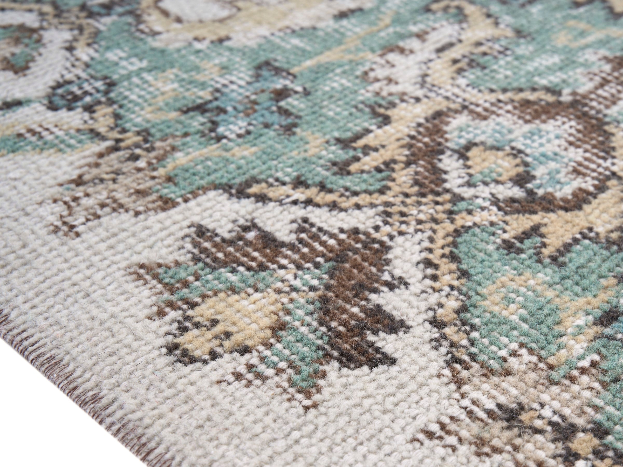Turkish Isparta area rug in turquoise and cream, view 6 of 10