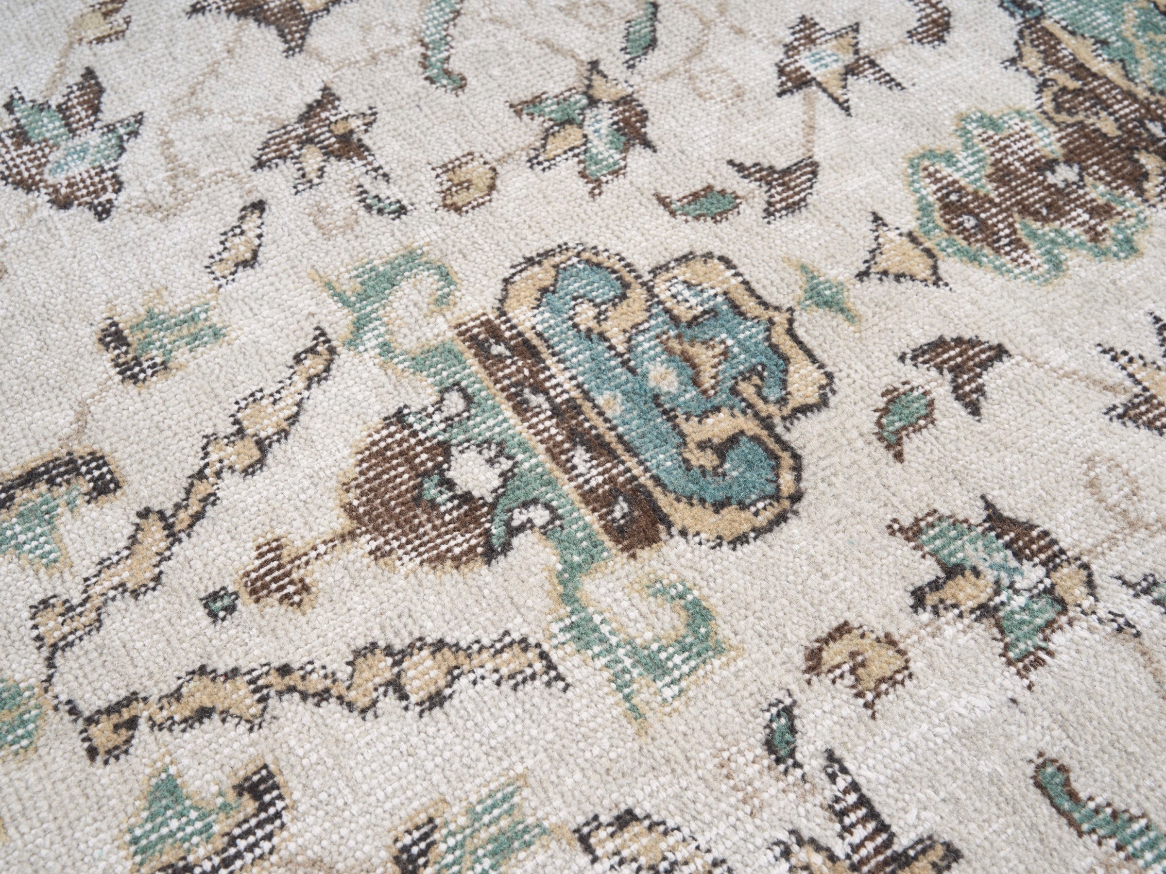 Turkish Isparta area rug in turquoise and cream, view 7 of 10