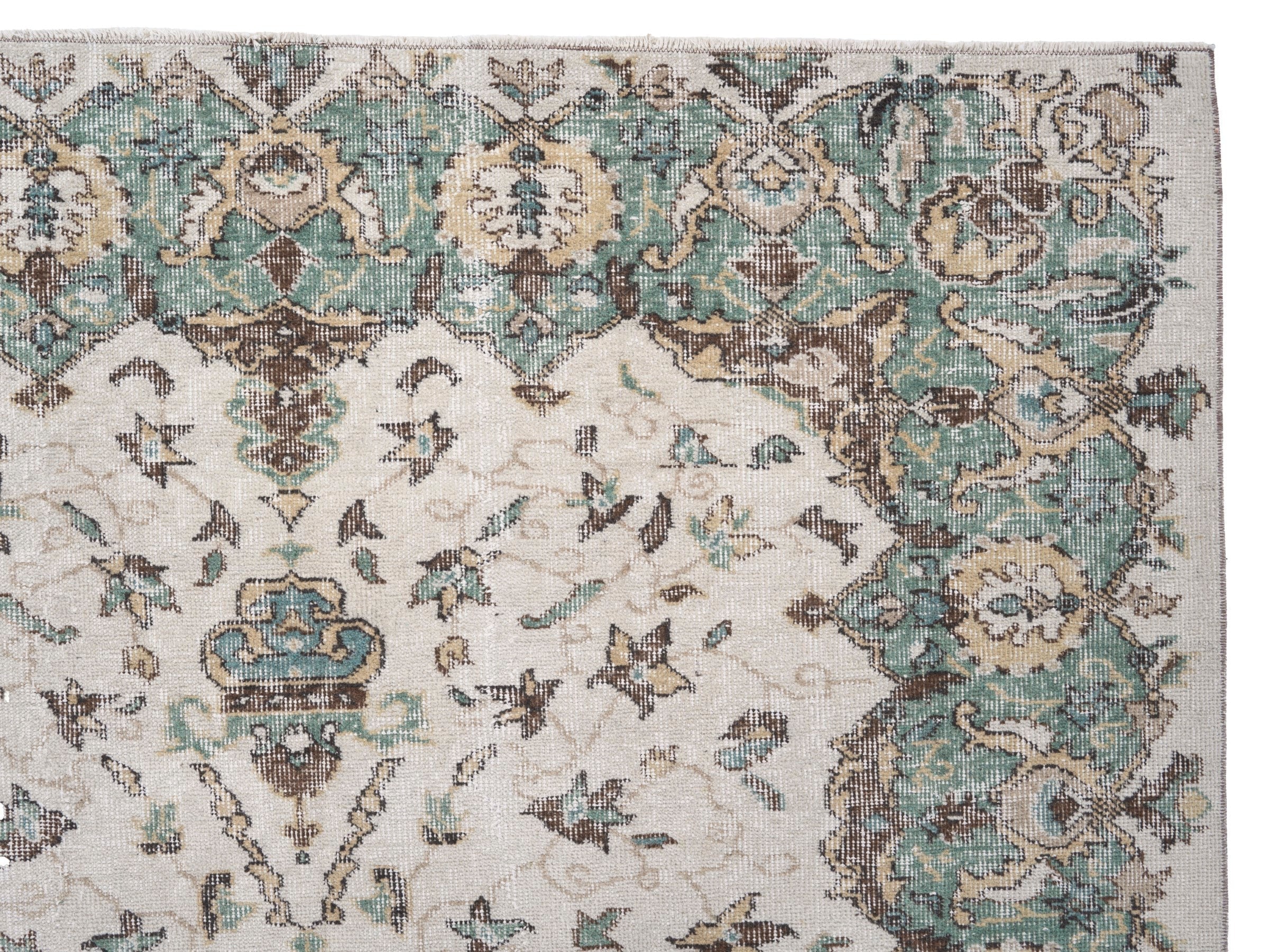 Turkish Isparta area rug in turquoise and cream, view 8 of 10