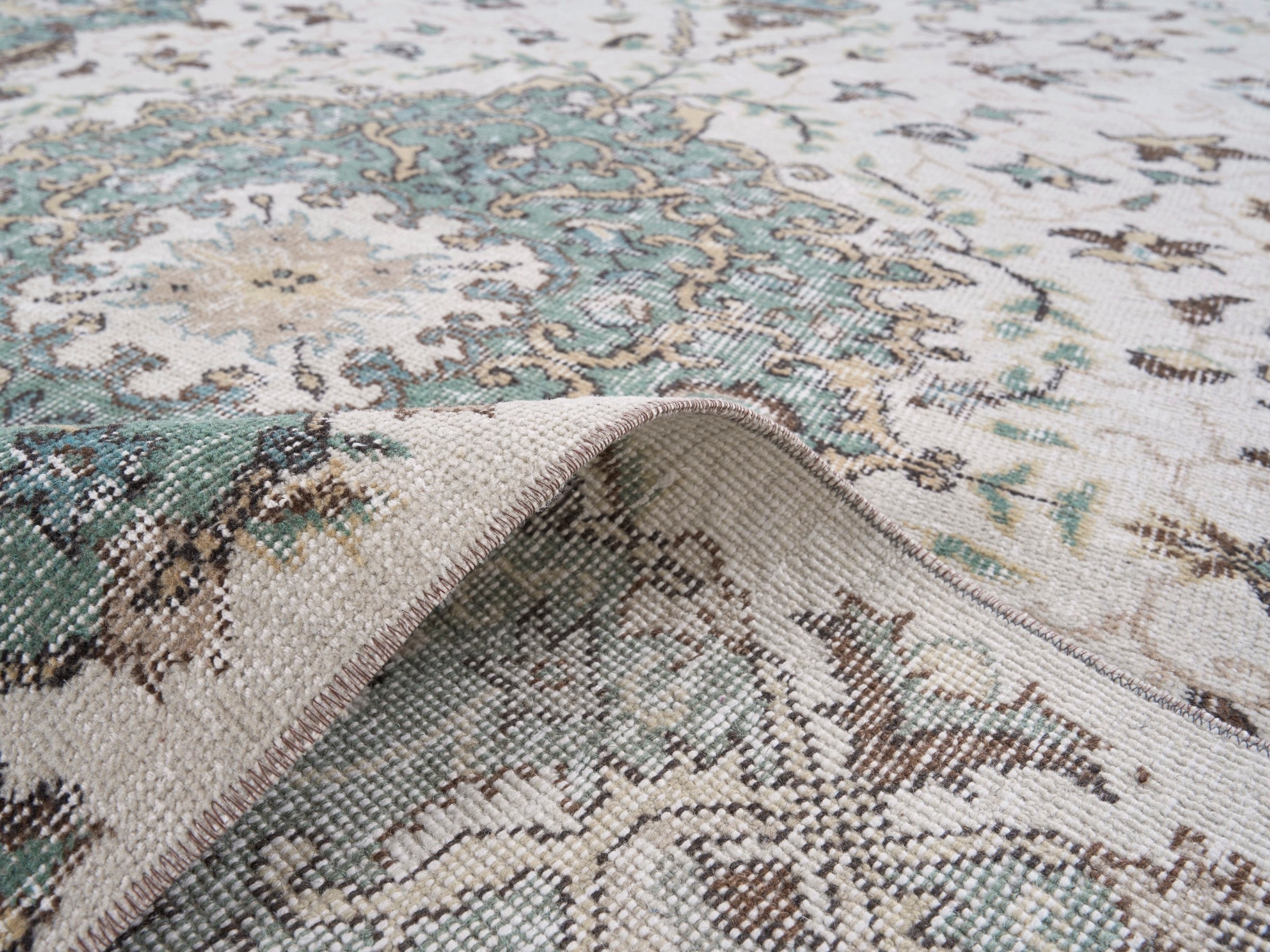 Turkish Isparta area rug in turquoise and cream, view 9 of 10