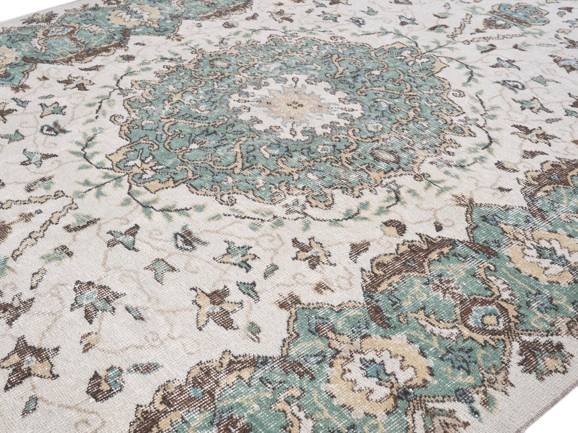 Turkish Isparta area rug in turquoise and cream, view 5 of 10