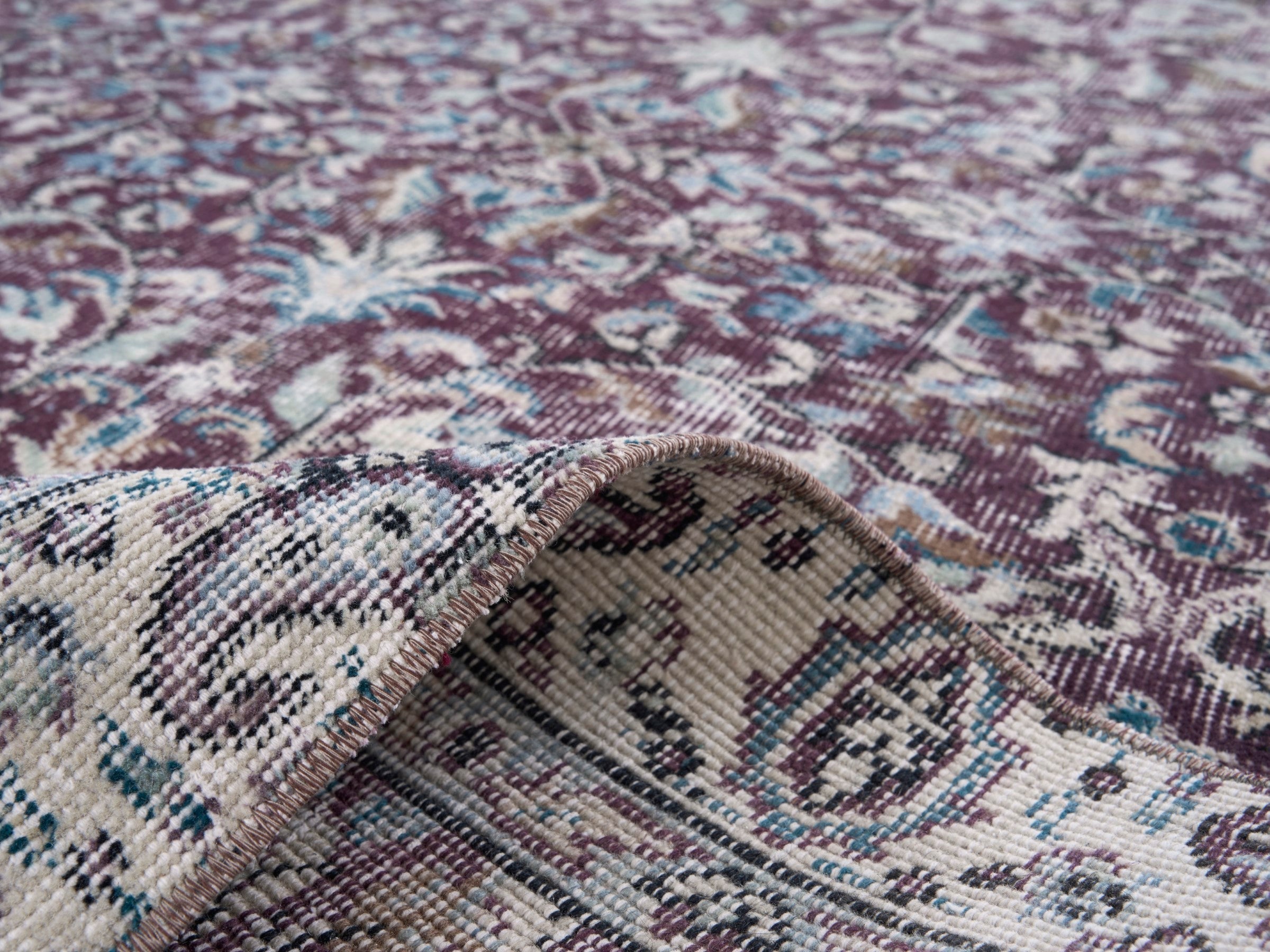 Turkish Isparta area rug in burgundy and dusty rose, view 9 of 10