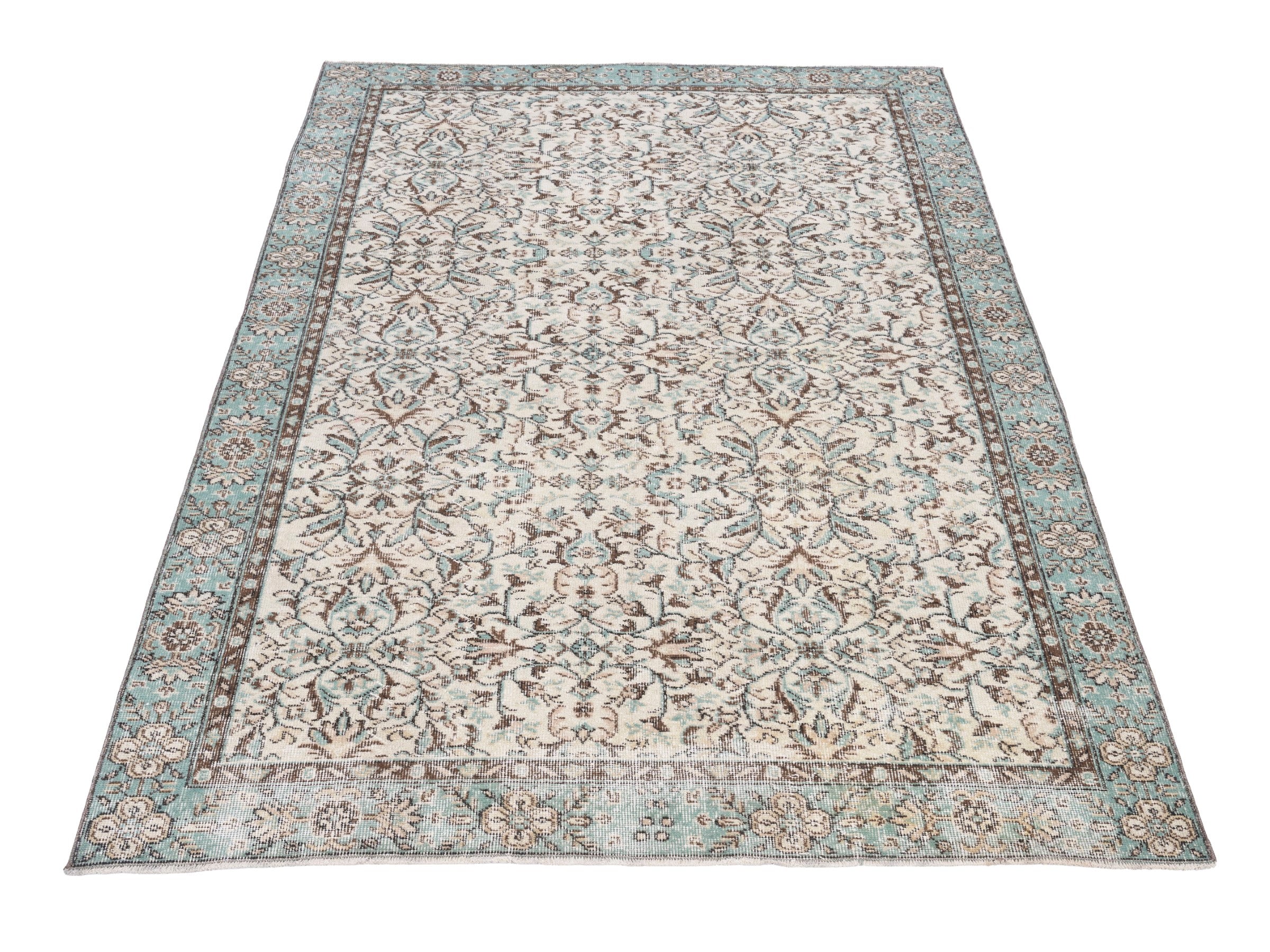 Turkish Isparta area rug in cream and teal, view 2 of 10