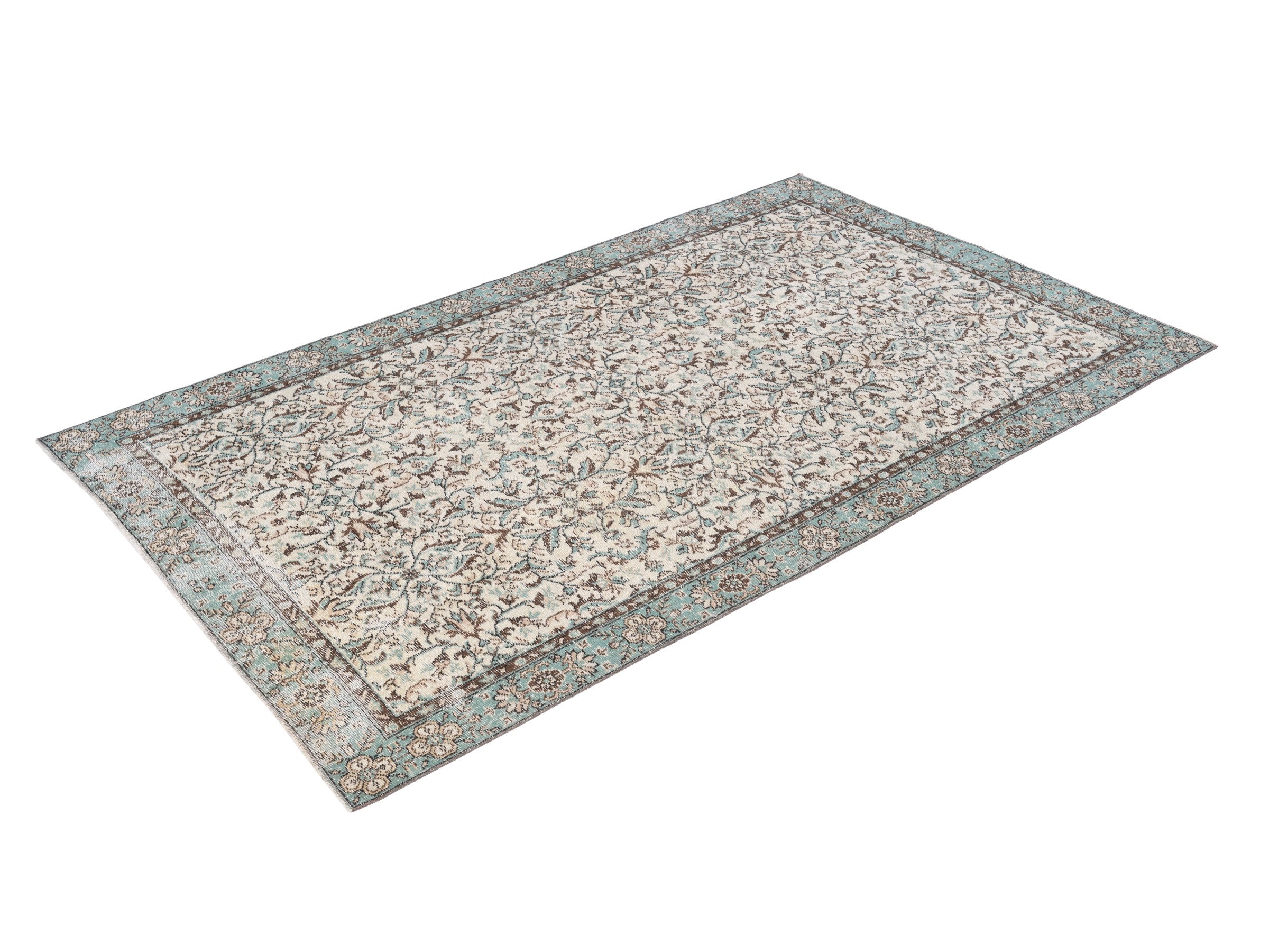 Turkish Isparta area rug in cream and teal, view 3 of 10