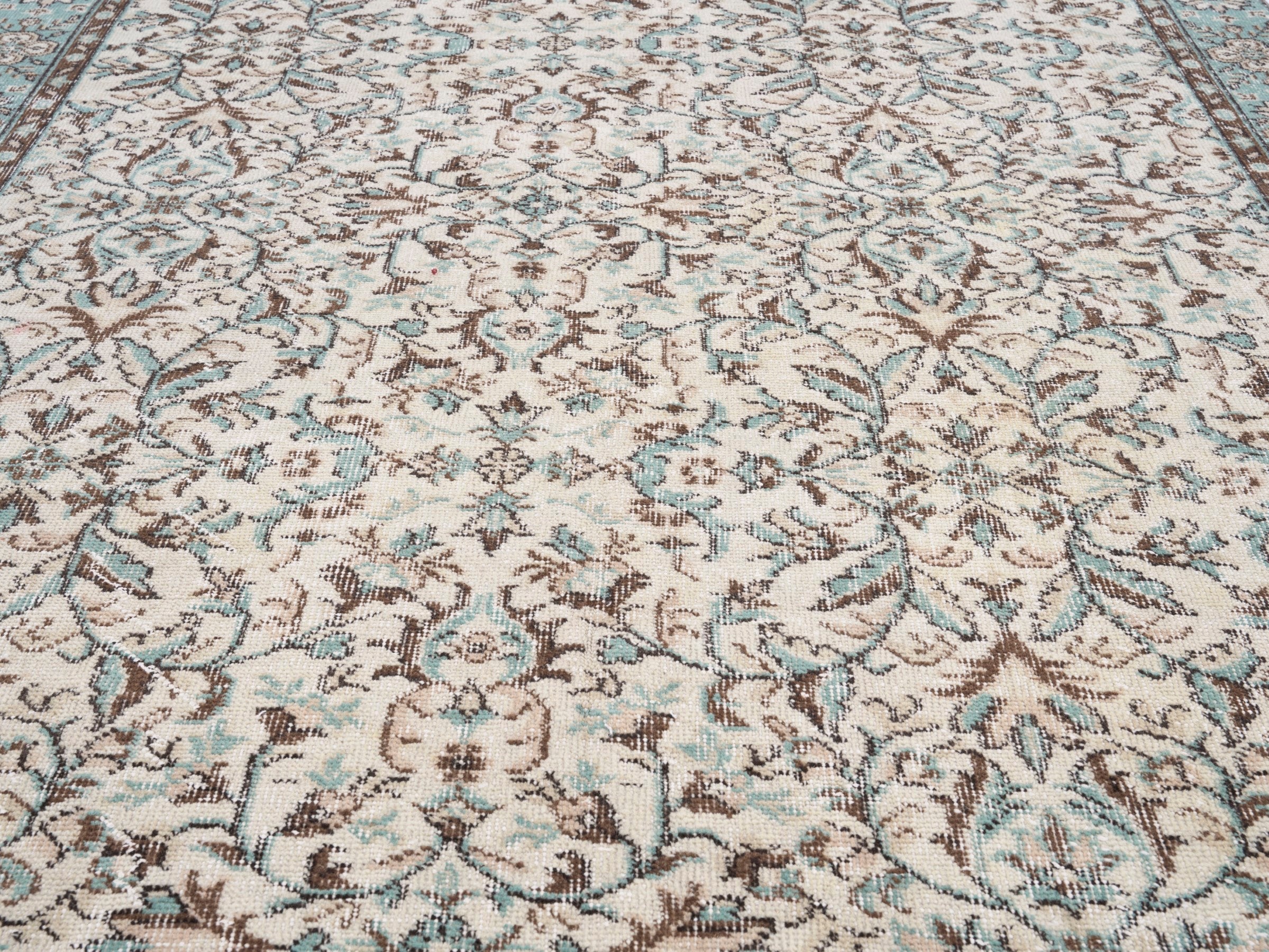 Turkish Isparta area rug in cream and teal, view 4 of 10