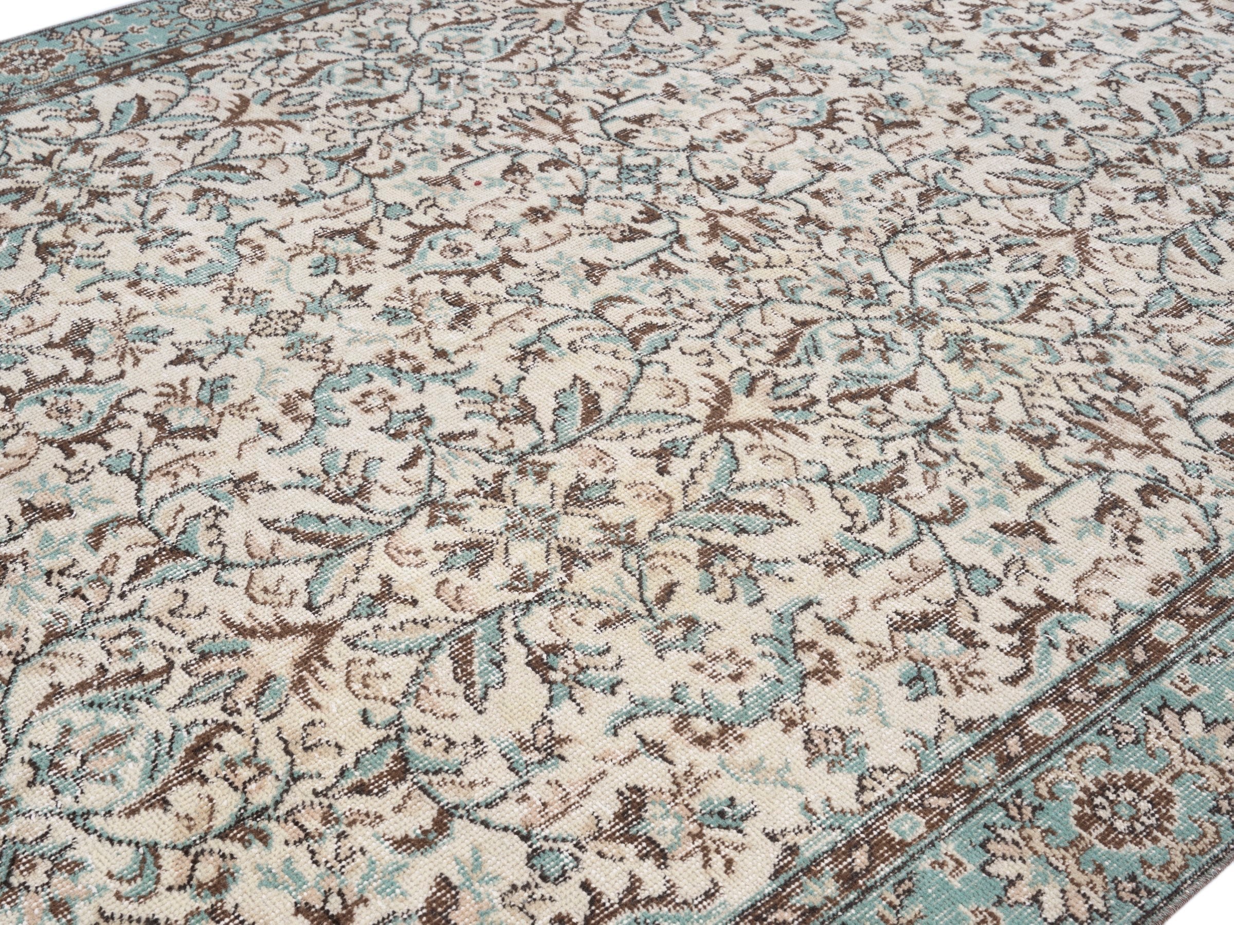Turkish Isparta area rug in cream and teal, view 5 of 10