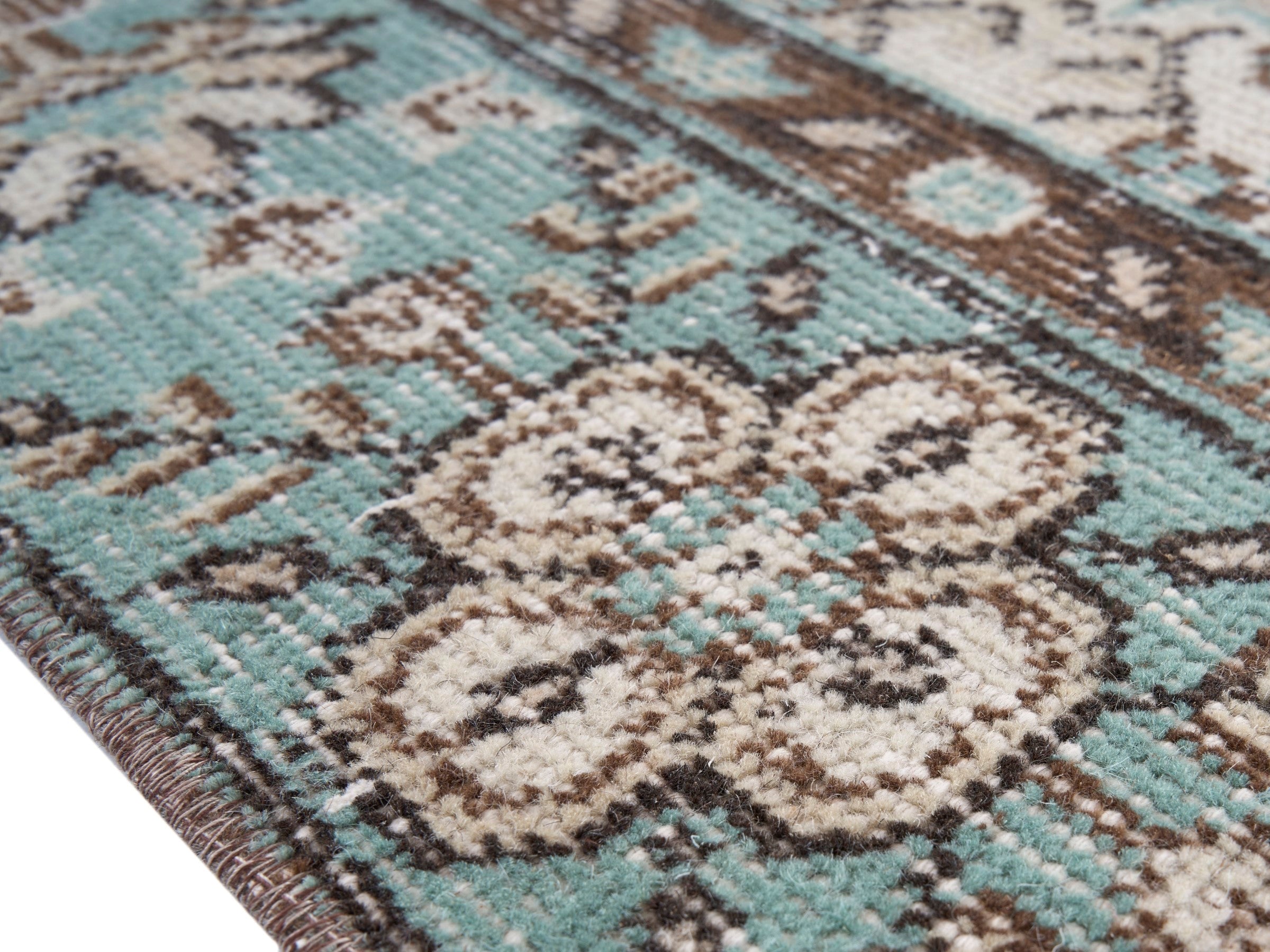 Turkish Isparta area rug in cream and teal, view 6 of 10