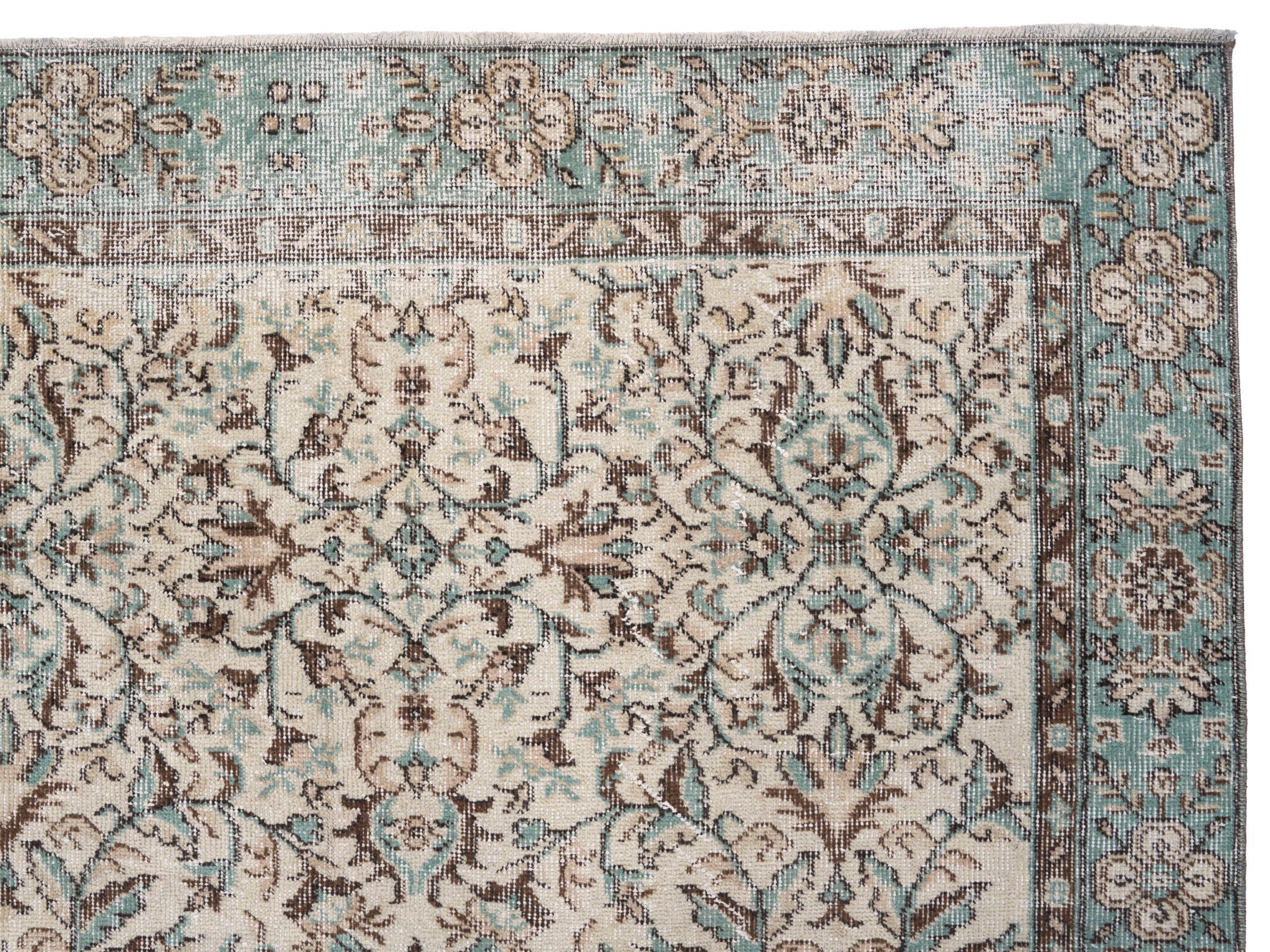 Turkish Isparta area rug in cream and teal, view 8 of 10