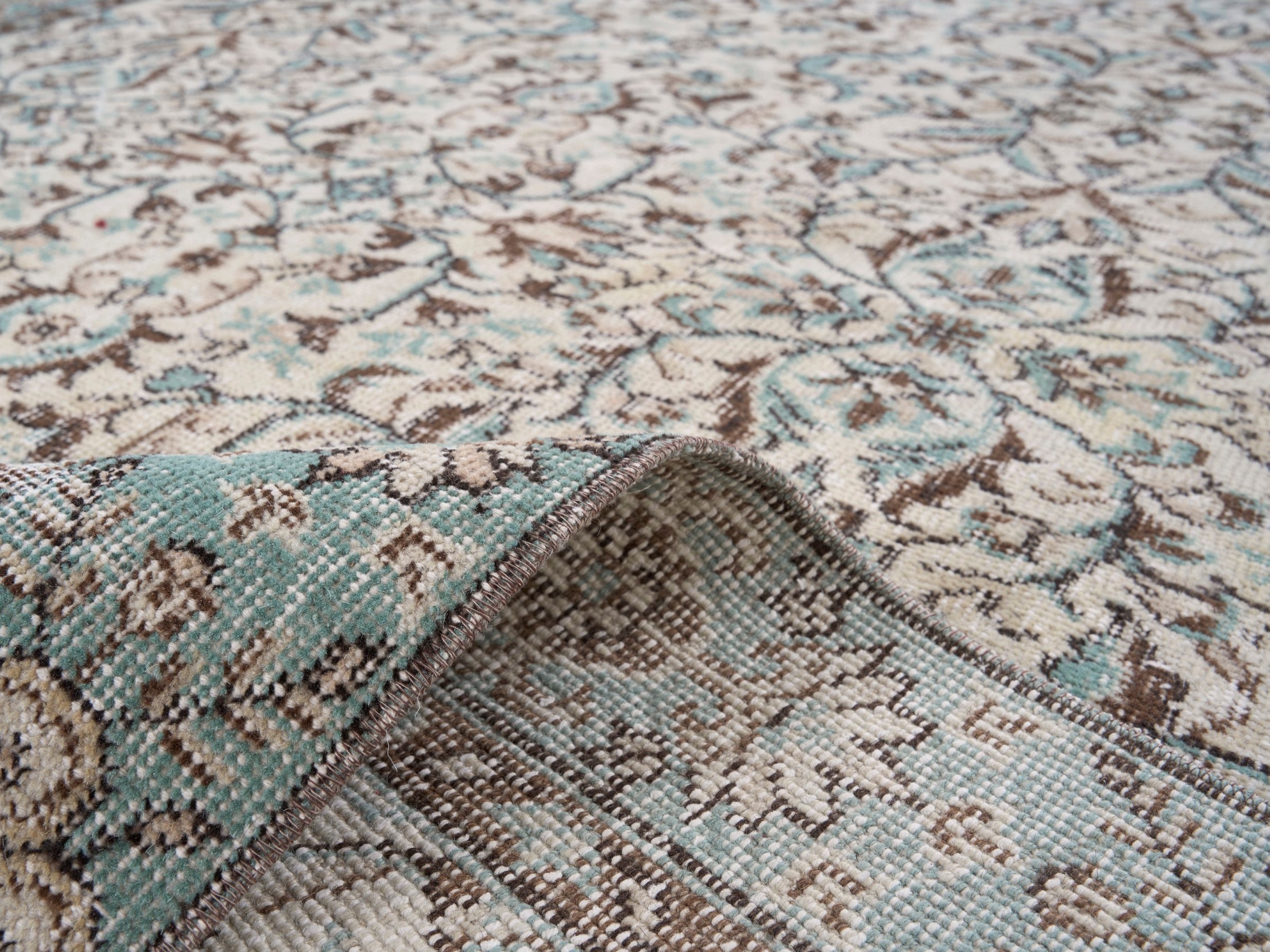 Turkish Isparta area rug in cream and teal, view 9 of 10
