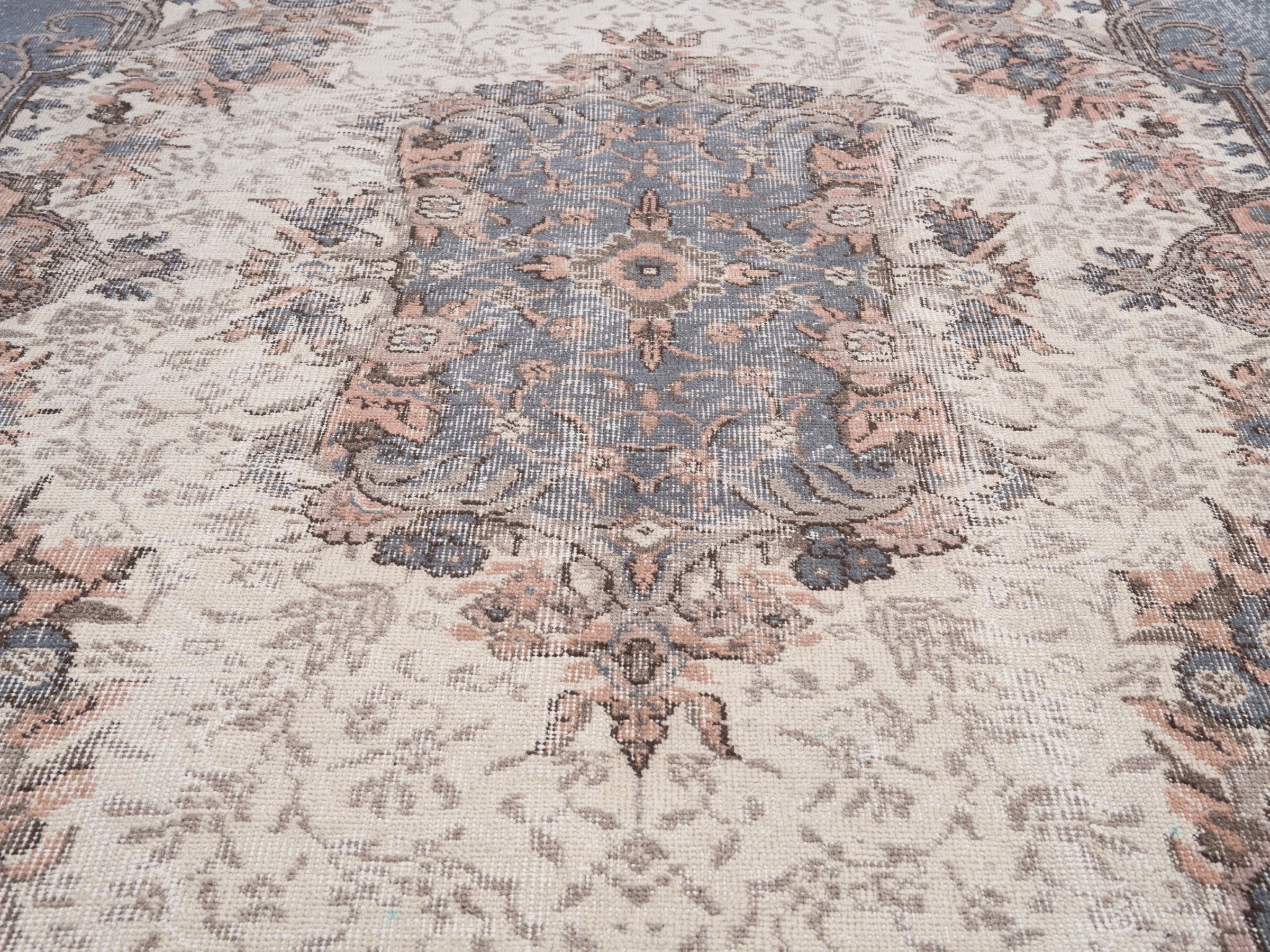 Turkish Isparta area rug in cream and dusty rose, view 4 of 10