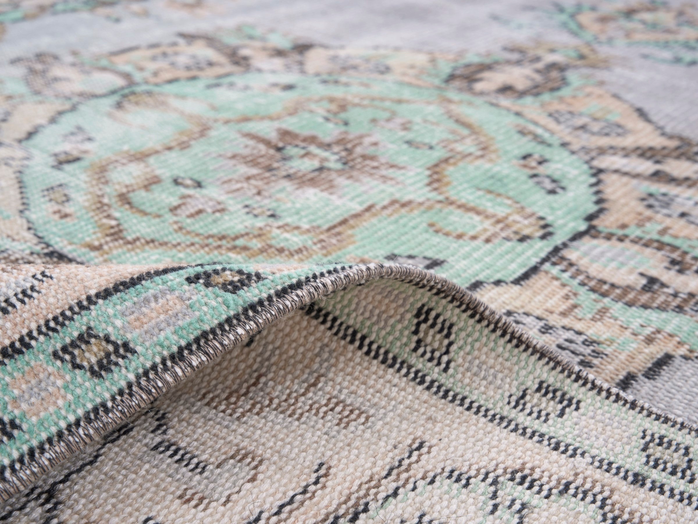 Turkish Manisa area rug in greige and muted pink, view 9 of 10