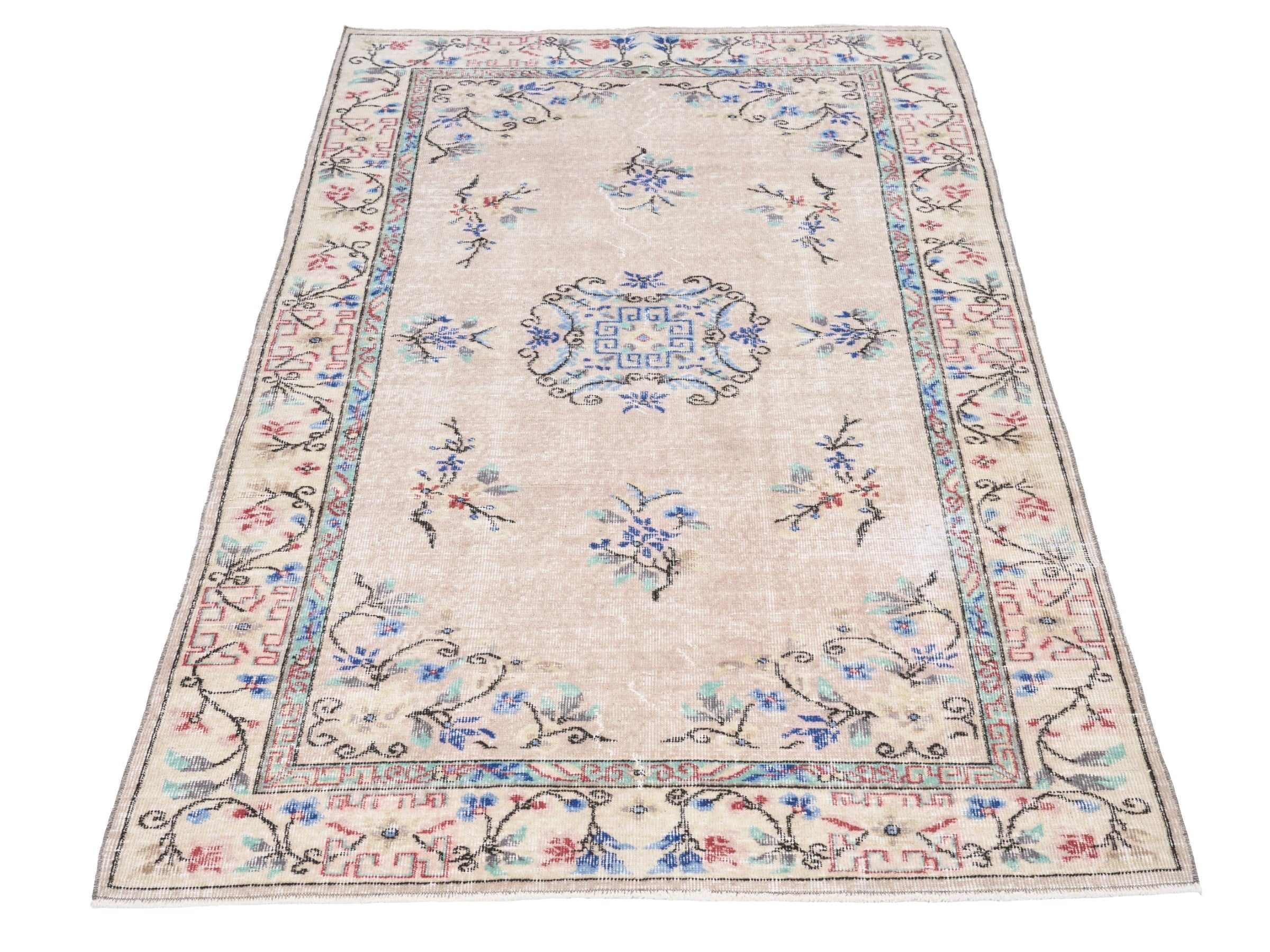 Turkish Isparta area rug in beige and muted pink, view 2 of 10