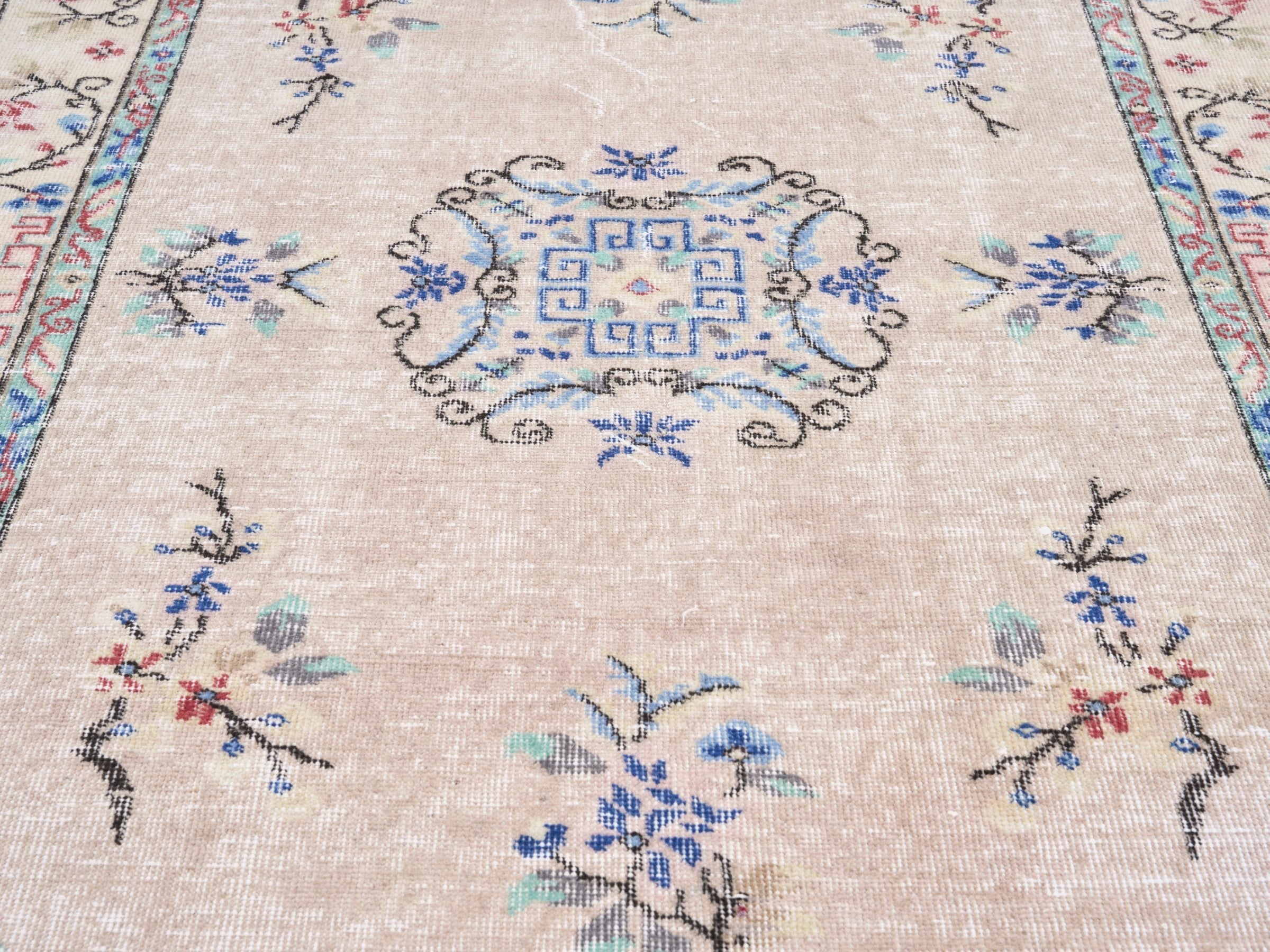 Turkish Isparta area rug in beige and muted pink, view 4 of 10