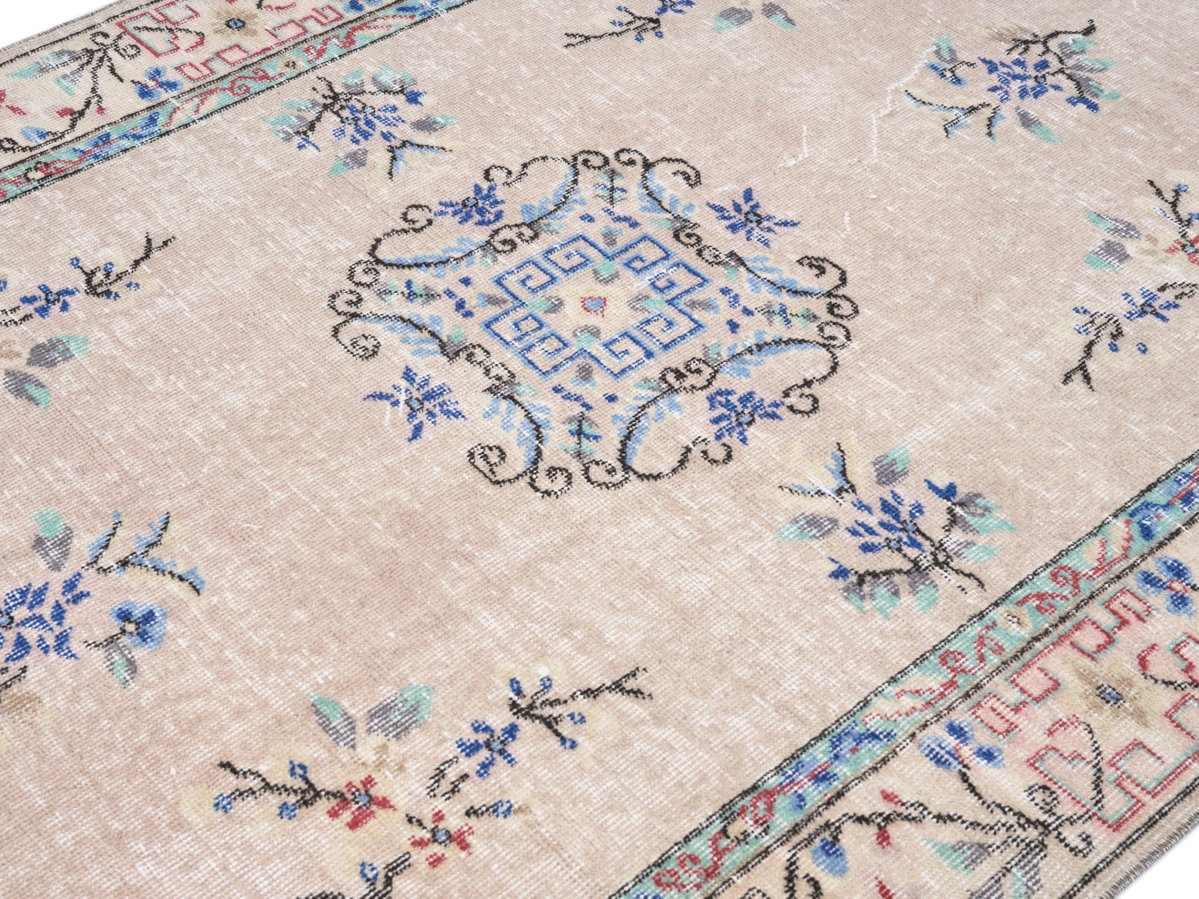 Turkish Isparta area rug in beige and muted pink, view 5 of 10