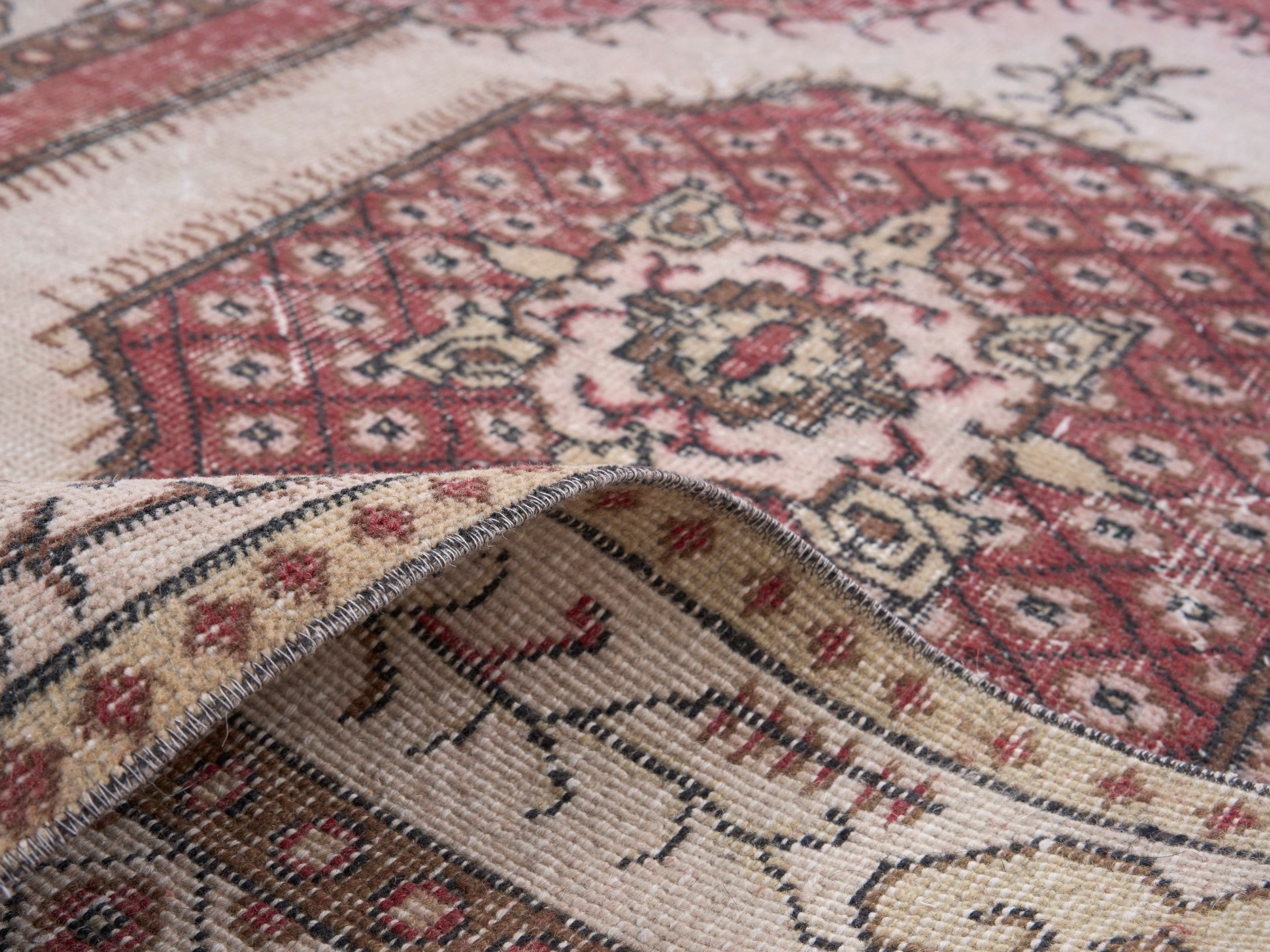 Turkish Isparta area rug in rose and cream, view 9 of 10