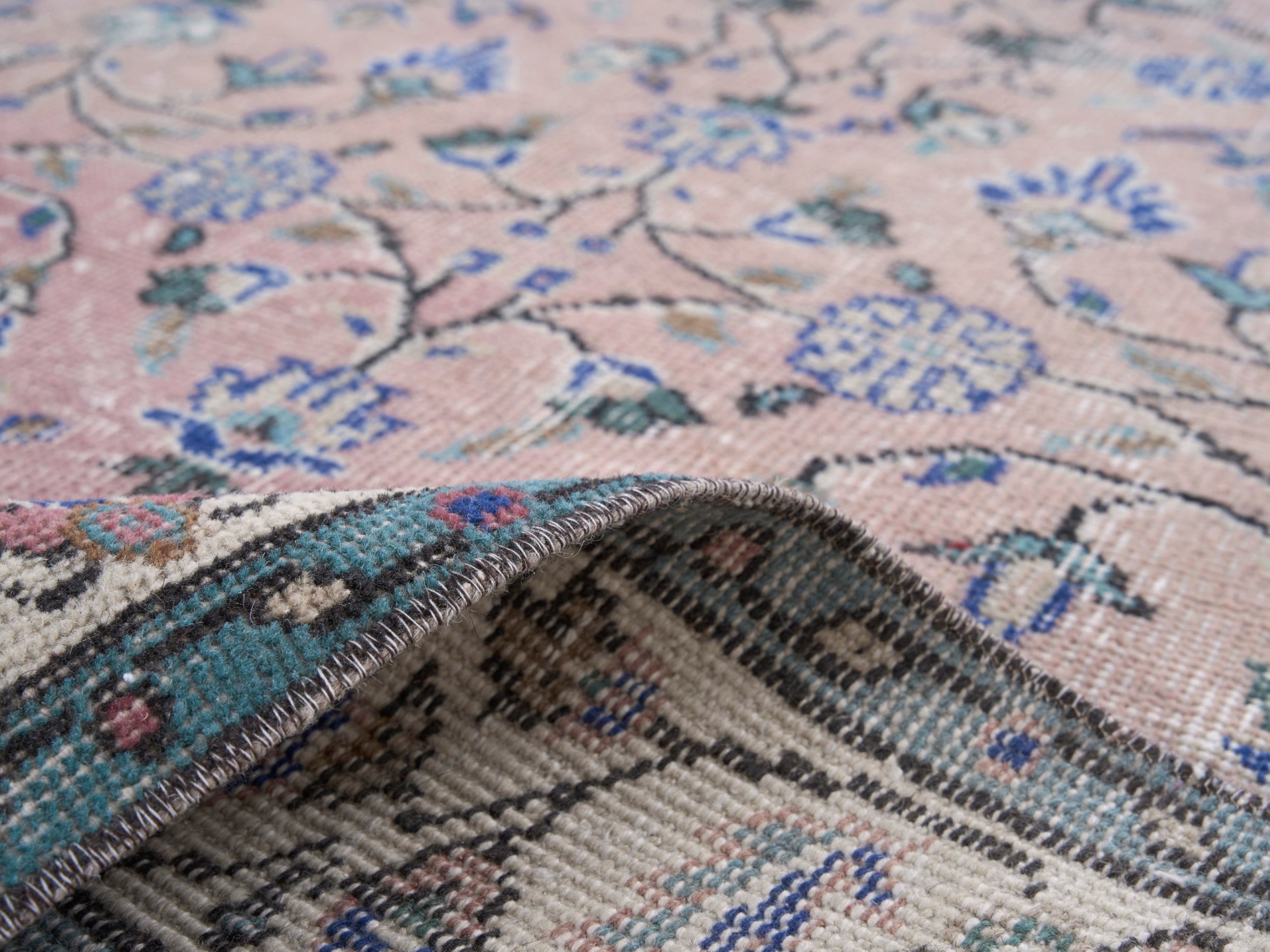 Turkish Isparta area rug in muted pink and cream, view 9 of 10