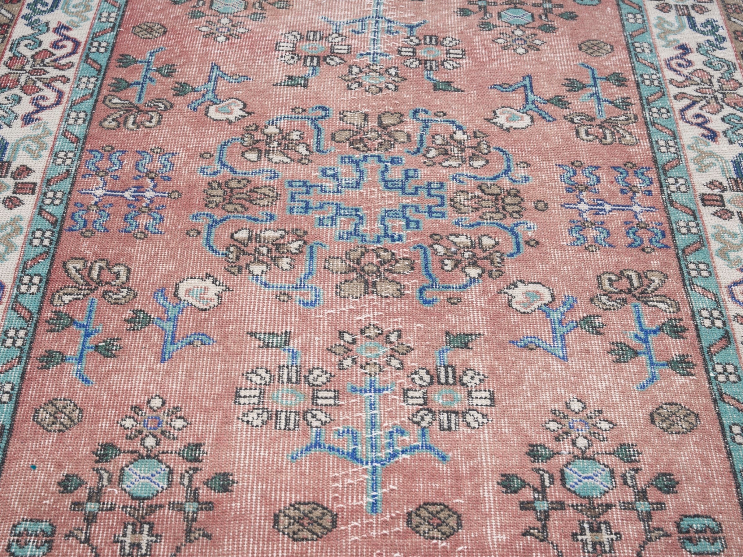 Turkish Isparta area rug in dusty rose and cream, view 4 of 10
