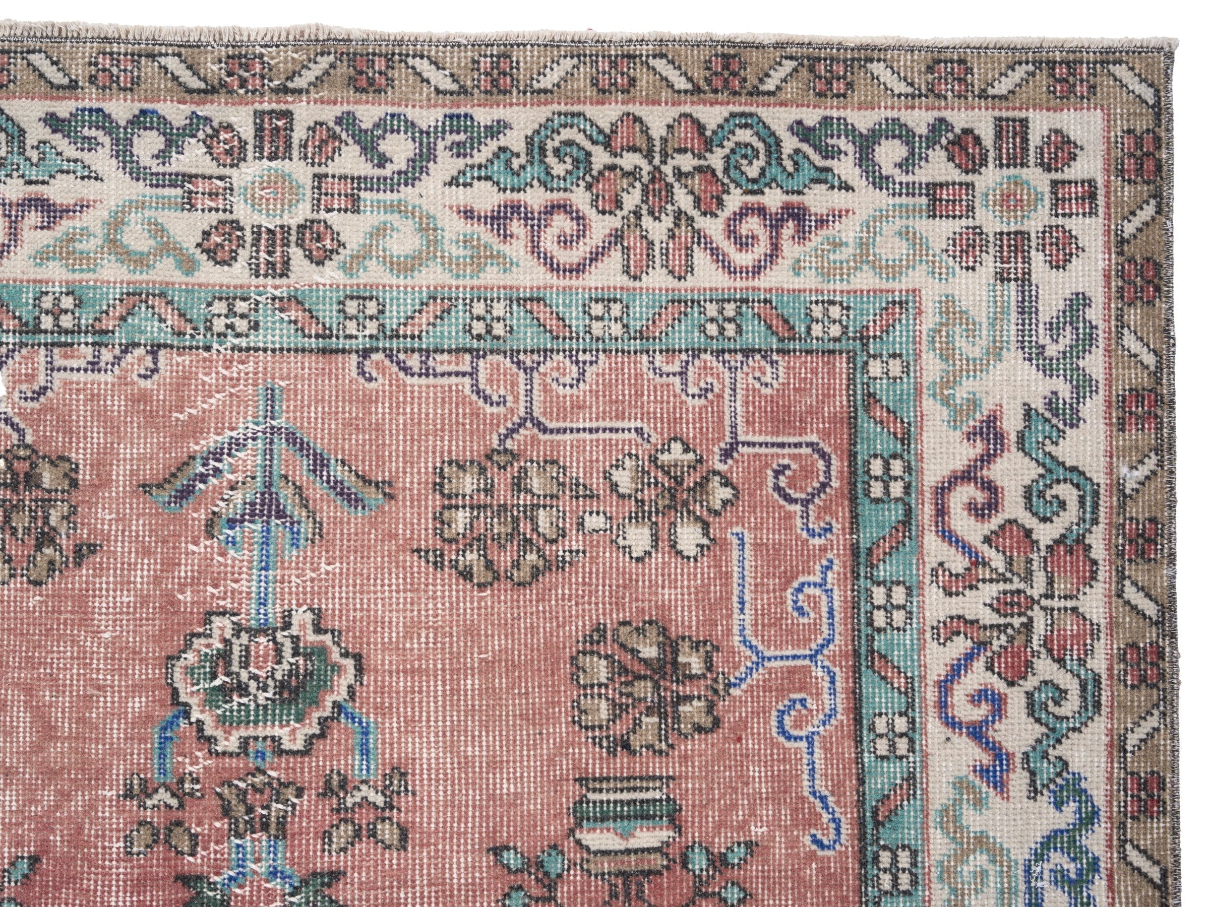 Turkish Isparta area rug in dusty rose and cream, view 8 of 10